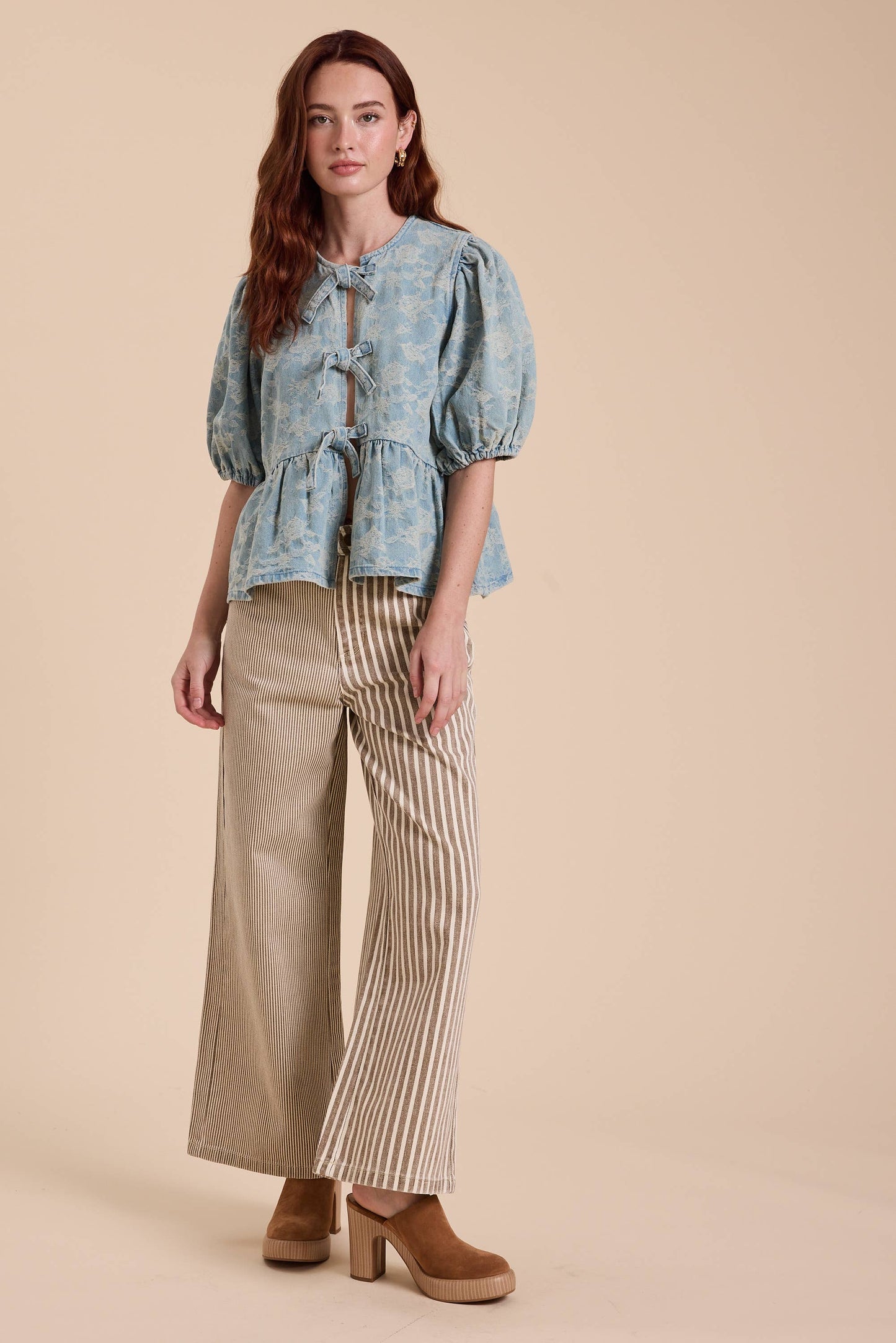 DENIM JACQUARD BOW FRONT BLOUSE