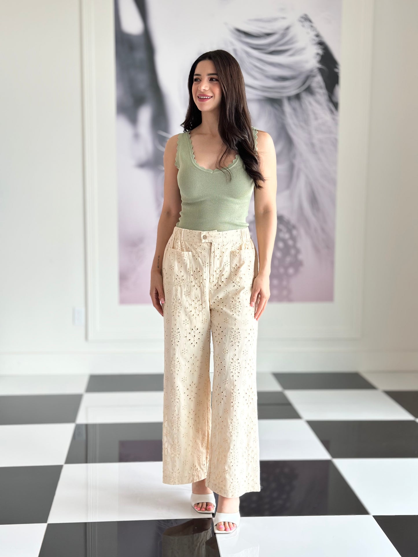 Eyelet Lace Straight Leg Pant