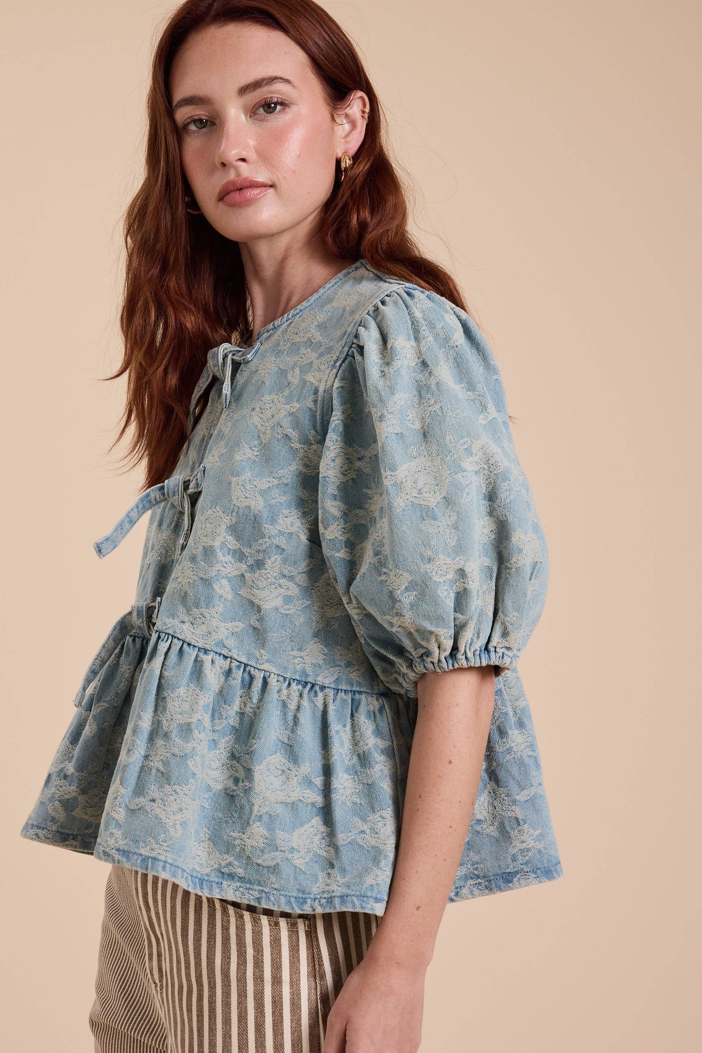 DENIM JACQUARD BOW FRONT BLOUSE