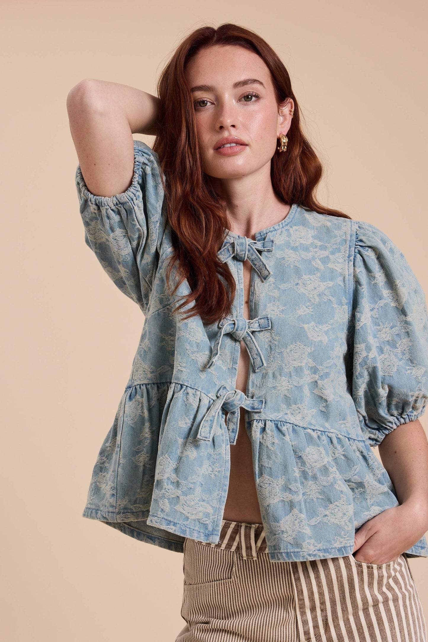 DENIM JACQUARD BOW FRONT BLOUSE