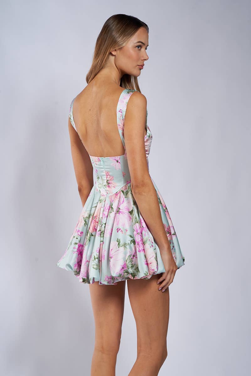 BLUSH FLORAL SQUARE NECK BUBBLE HEM MINI DRESS FINAL SALE