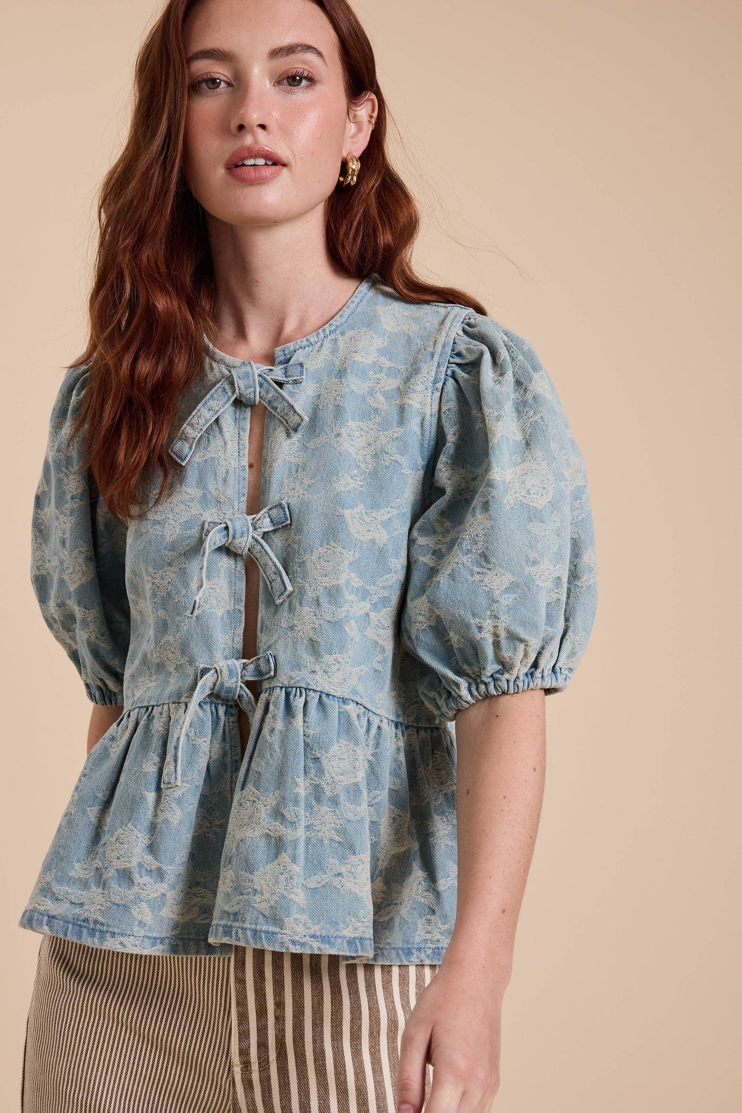 DENIM JACQUARD BOW FRONT BLOUSE