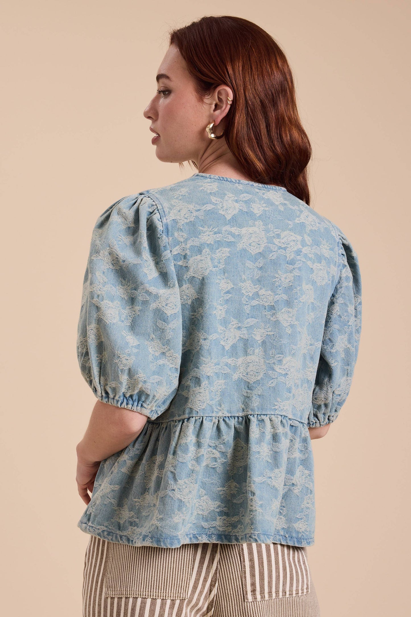 DENIM JACQUARD BOW FRONT BLOUSE