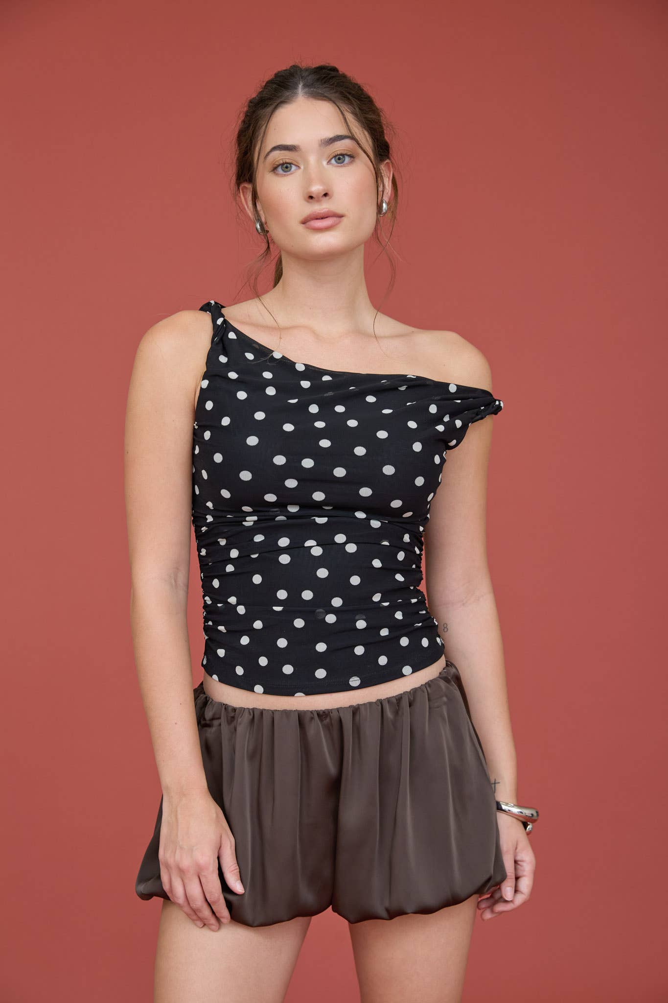 POLKA DOT ASYMMETRICAL TWIST DETAIL MESH KNIT TOP