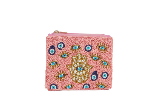 Ladies Fully Beaded Pink HAMSA Theme Coin Purse