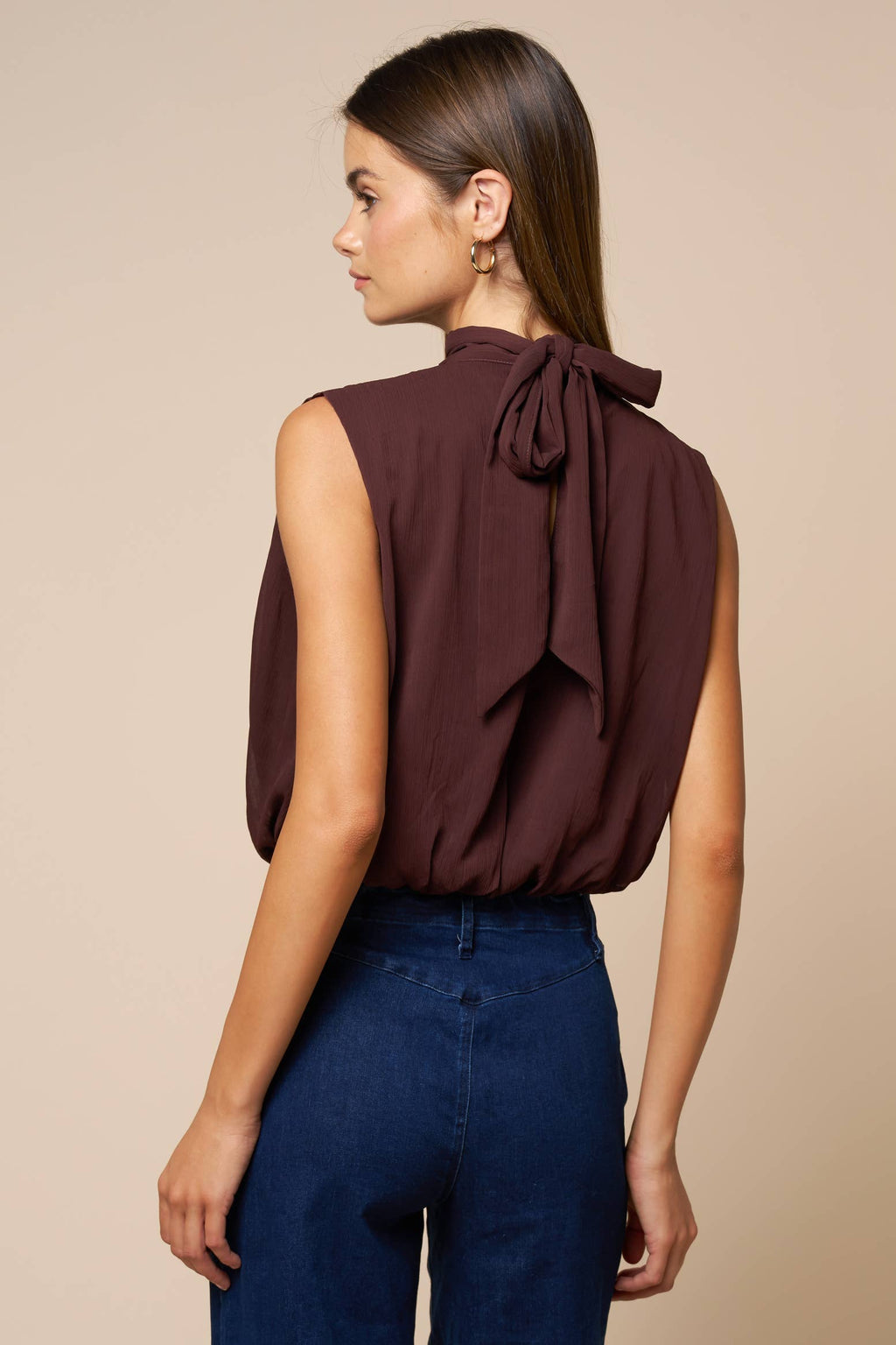 Draped Chiffon Mock Neck Sleeveless Top