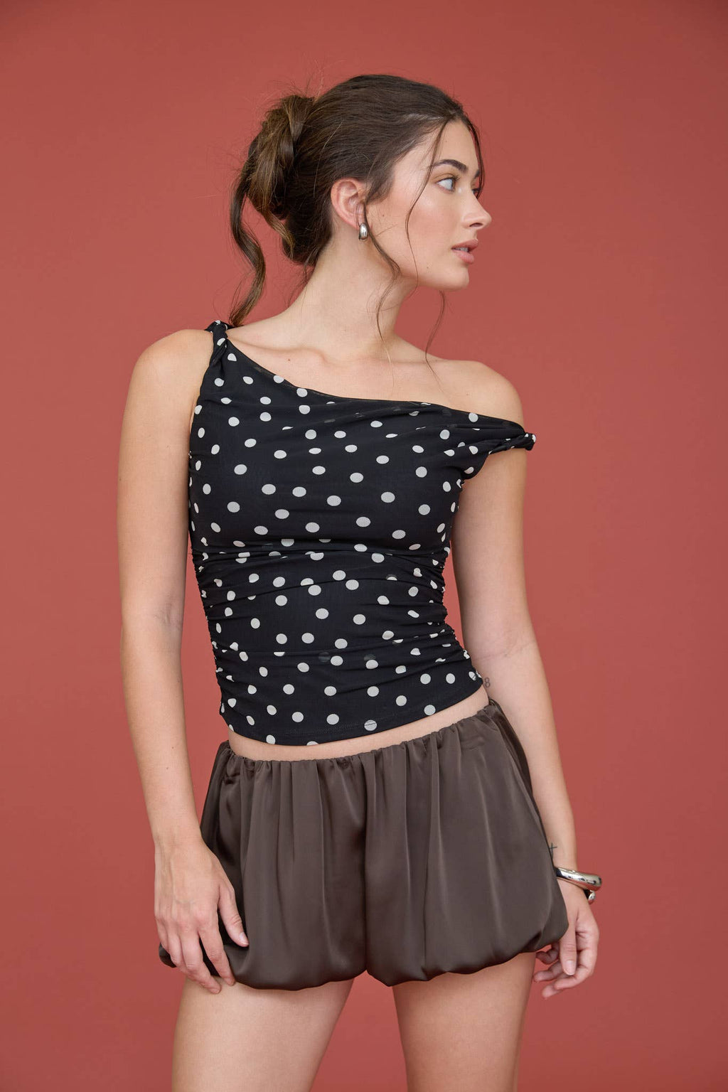 POLKA DOT ASYMMETRICAL TWIST DETAIL MESH KNIT TOP