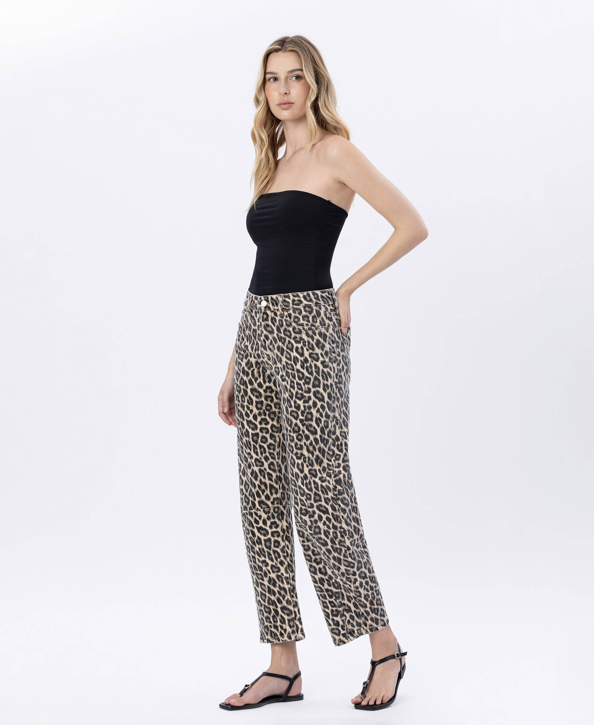 ANTONELLA HIGH RISE LEOPARD PRINT BARREL JEANS