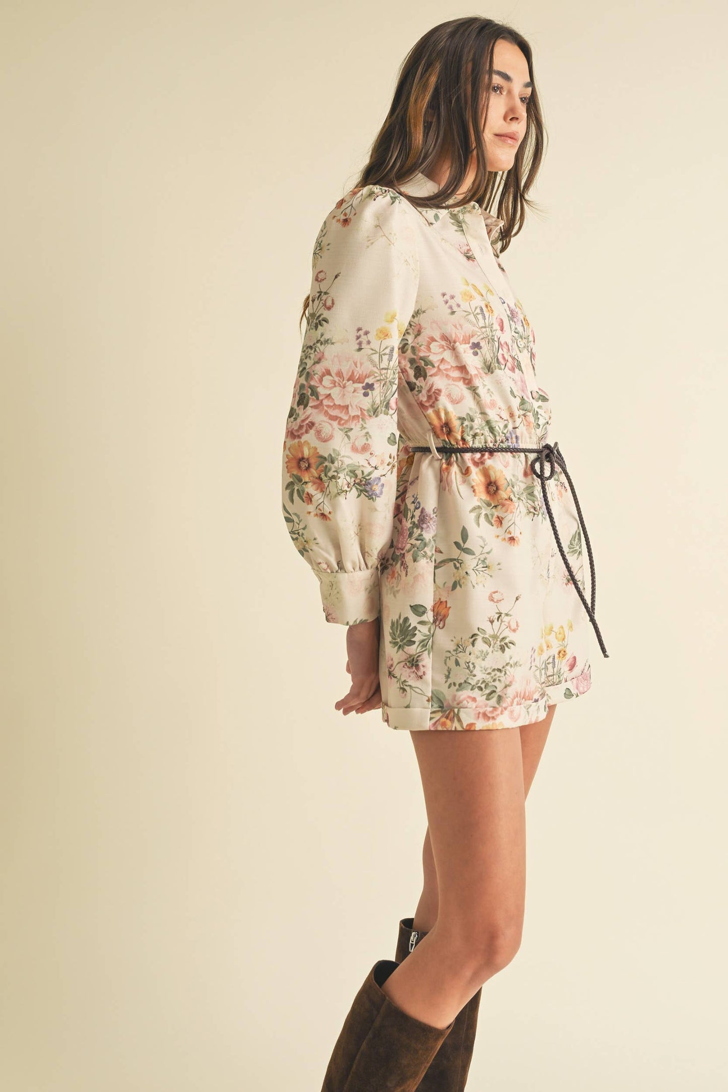 Faux leather belted Floral Playsuit.