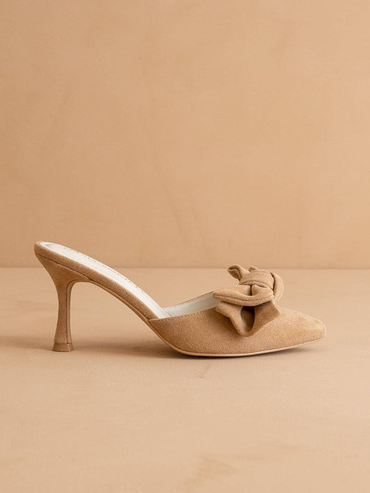 The Jane | Sand Pointed Toe Bow Accent Kitten Heel