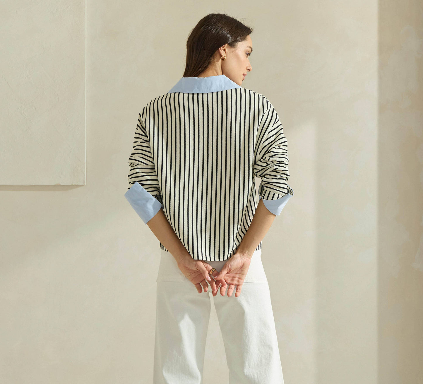 Striped Top with Contrast Neck & Cuffs