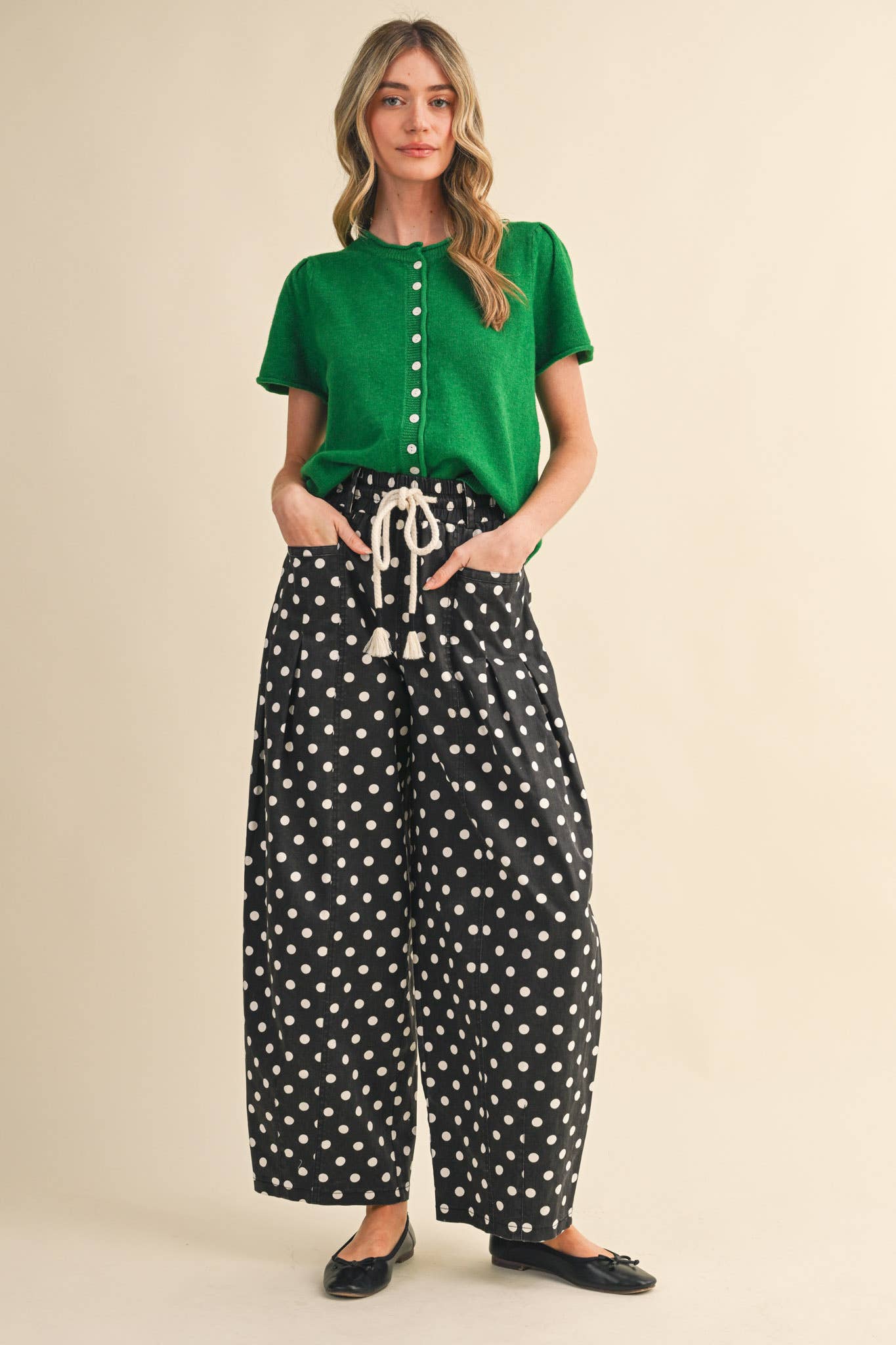 ALLEGRA POLKA DOT PLEATED BARREL PANTS
