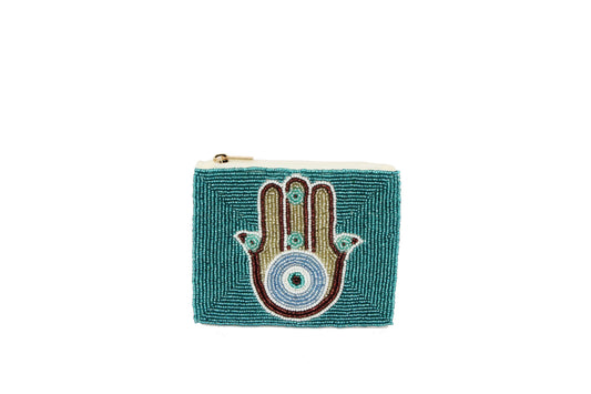 Ladies Green  Fully Beaded HAMSA Theme Coin Purse