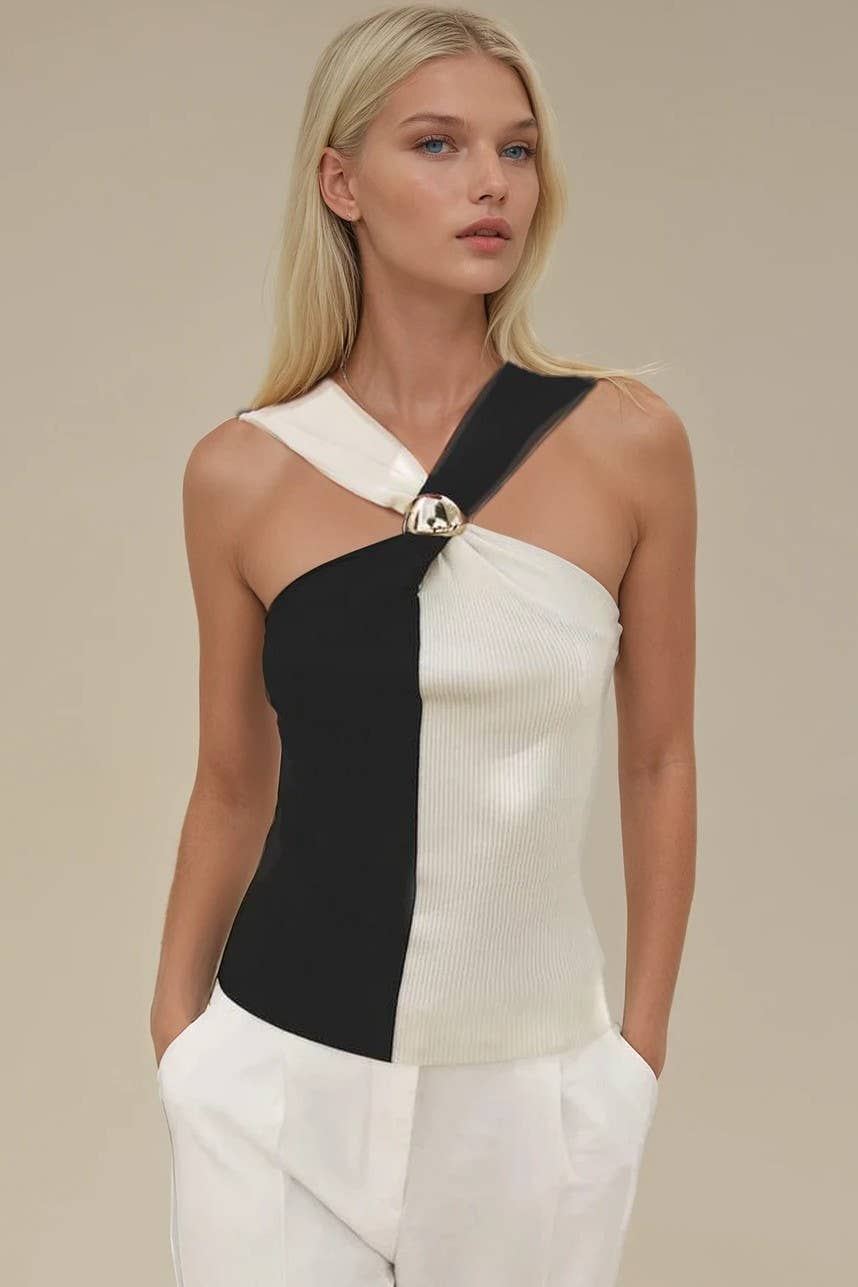 COLOR BLOCK GOLD DOME HARDWARE HALTER KNIT TOP
