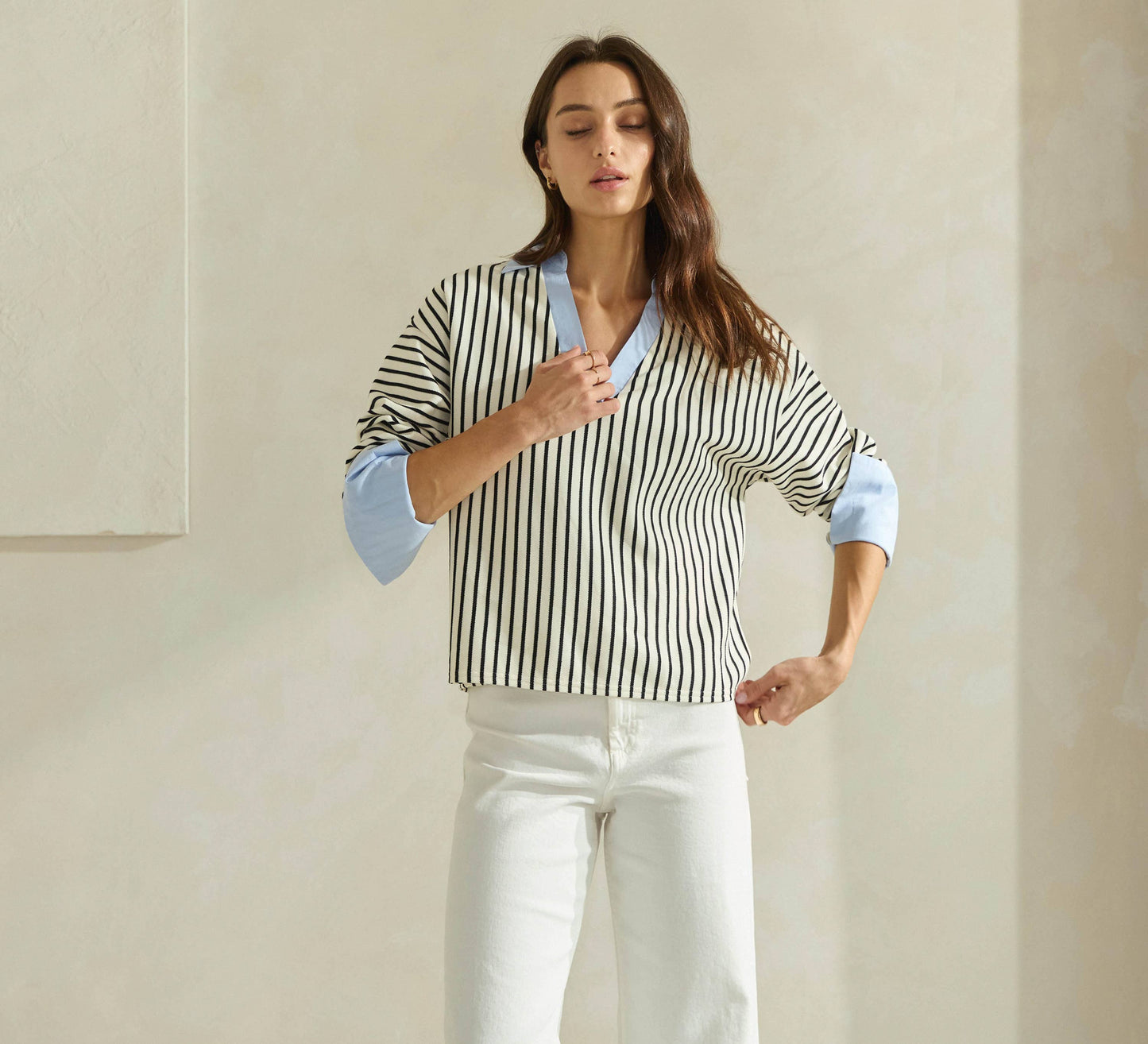 Striped Top with Contrast Neck & Cuffs