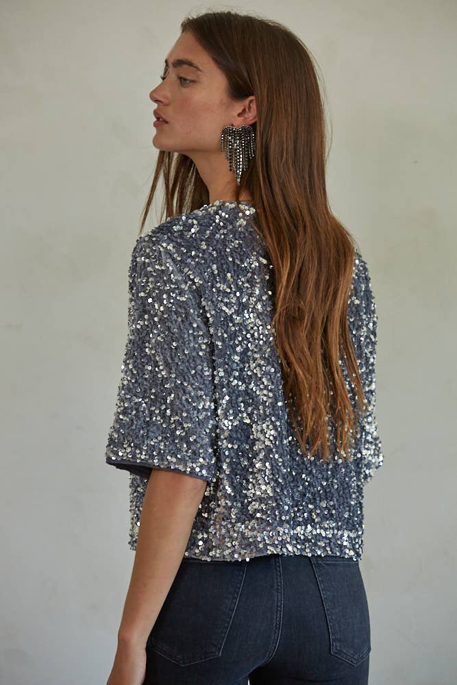 Sequin Velvet Round Neck Short Sleeve Top - FINAL SALE