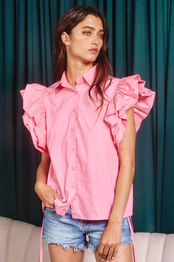 Tiered Ruffle Sleeve Solid Shirt Blouse