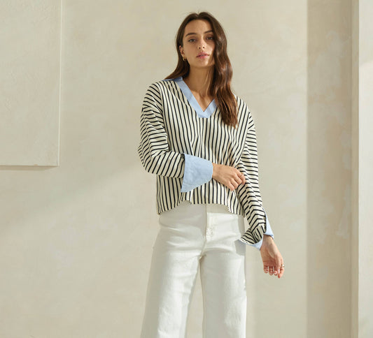 Striped Top with Contrast Neck & Cuffs