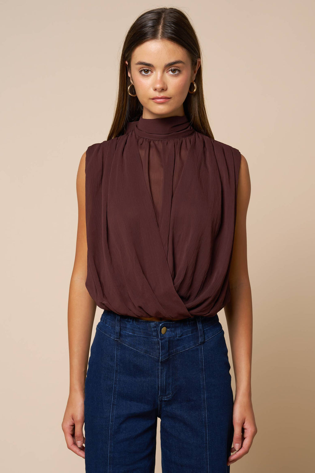 Draped Chiffon Mock Neck Sleeveless Top