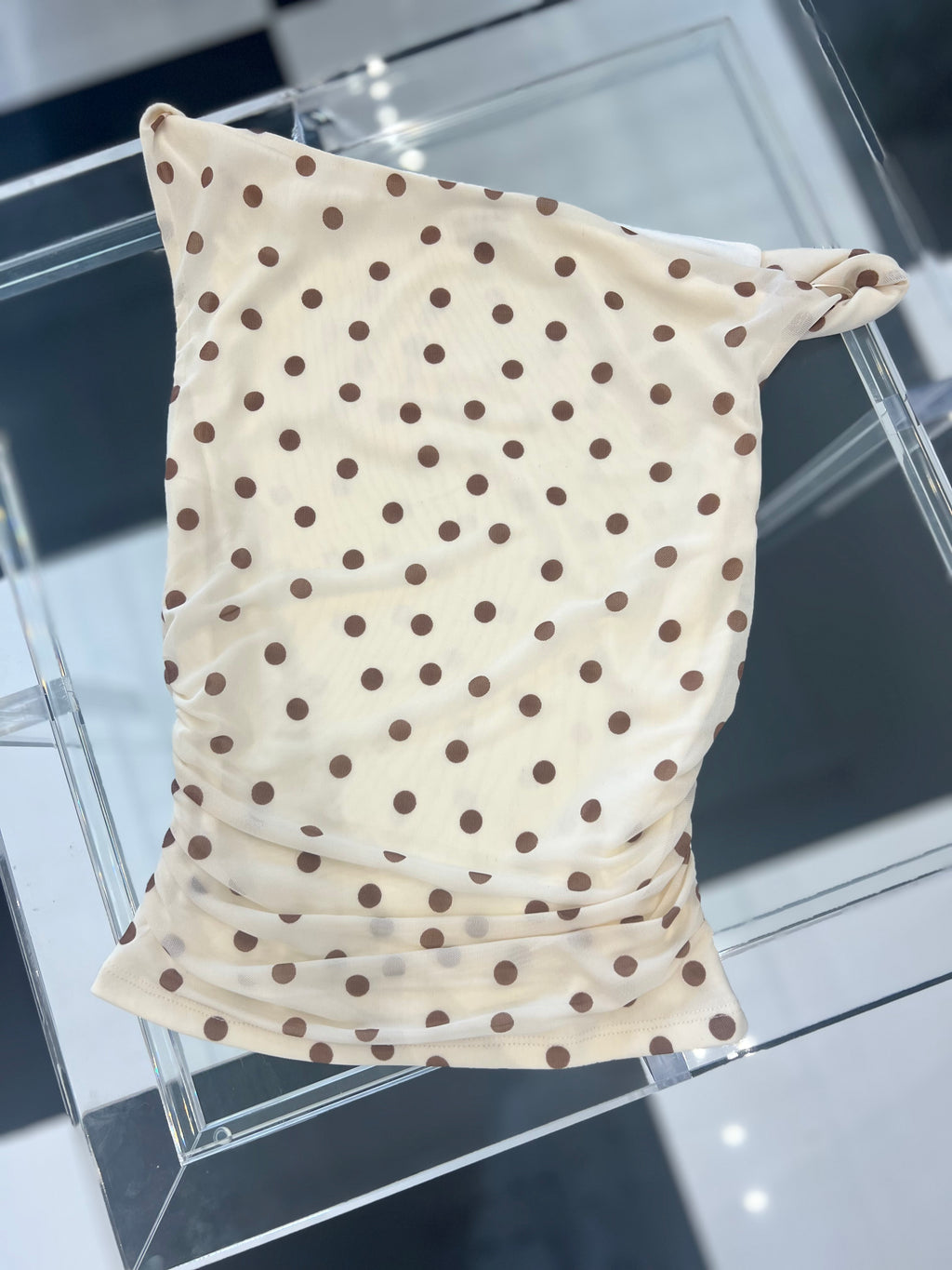 ERICKA POLKA  DOT ASYMMETRICAL TWIST DETAIL MESH KNIT TOP