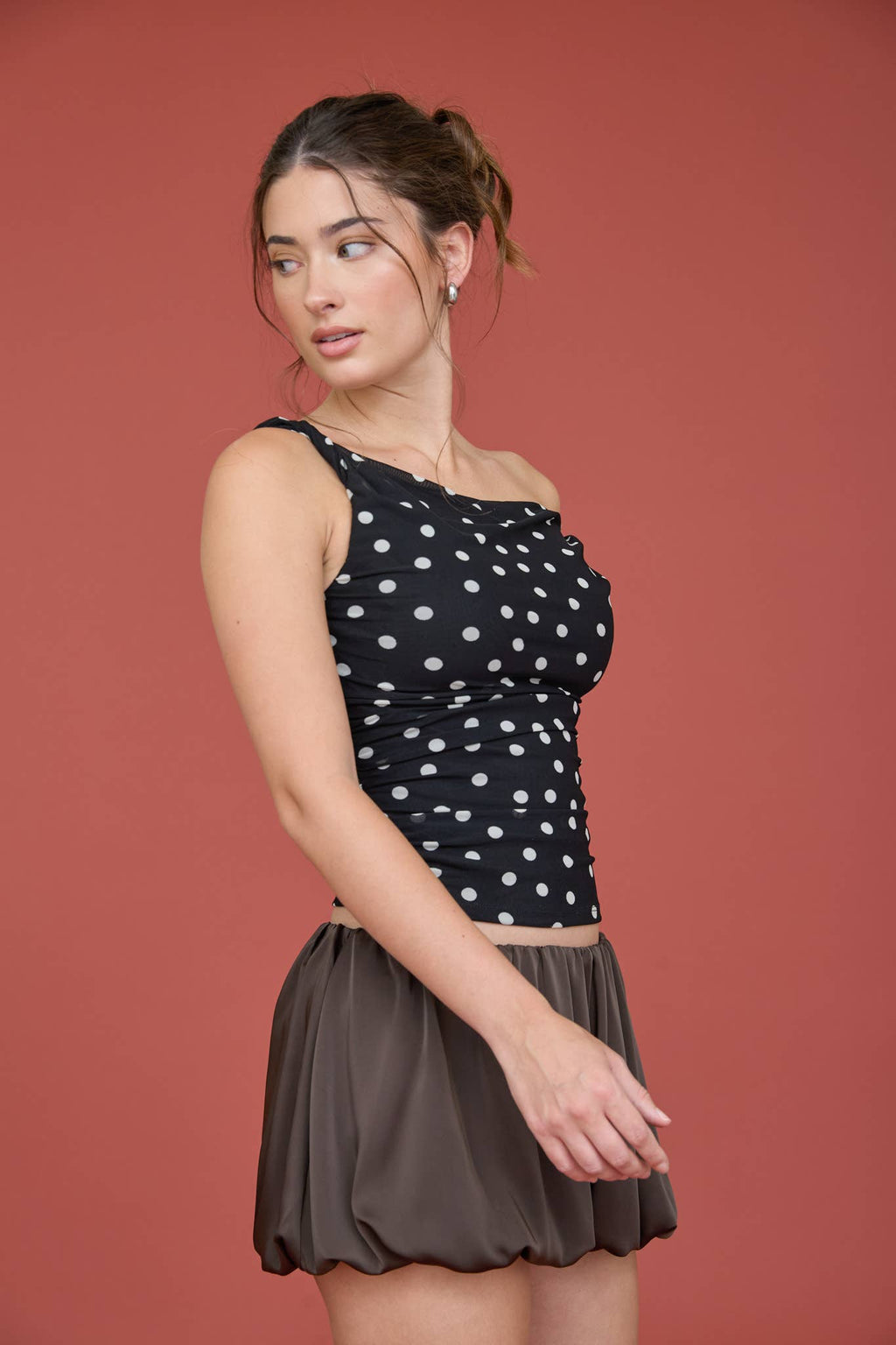 POLKA DOT ASYMMETRICAL TWIST DETAIL MESH KNIT TOP