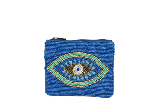 Ladies Blue  Fully Beaded Evil Eye Coin Purse