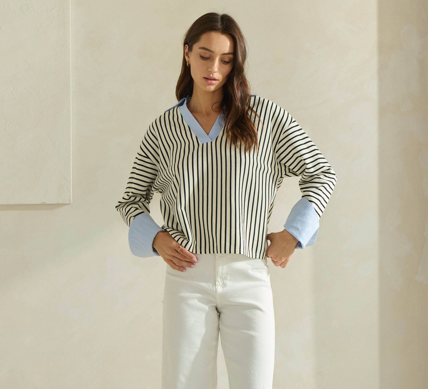 Striped Top with Contrast Neck & Cuffs