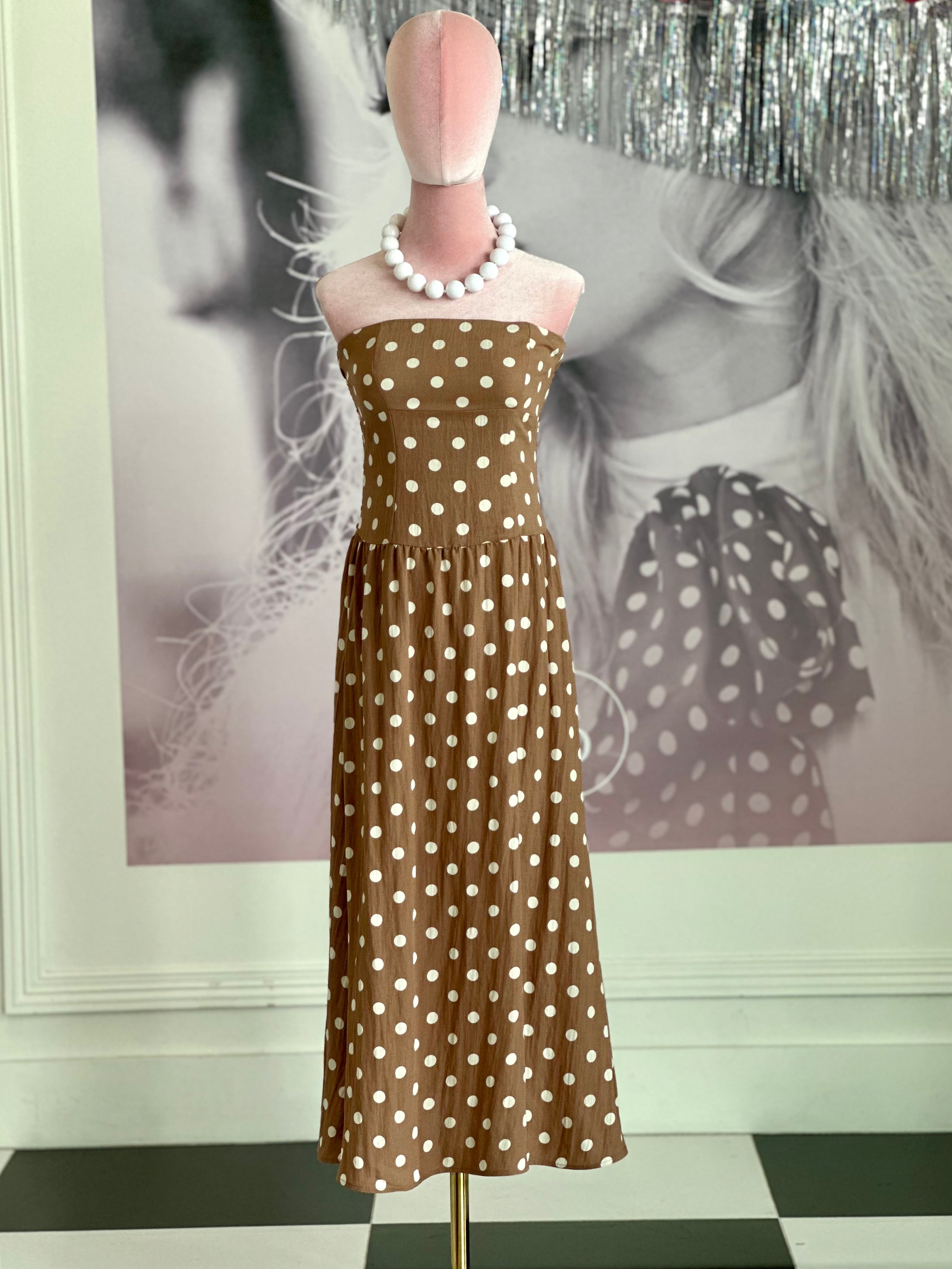 VIVIAN POLKA DOT STRAPLESS MIDI DRESS