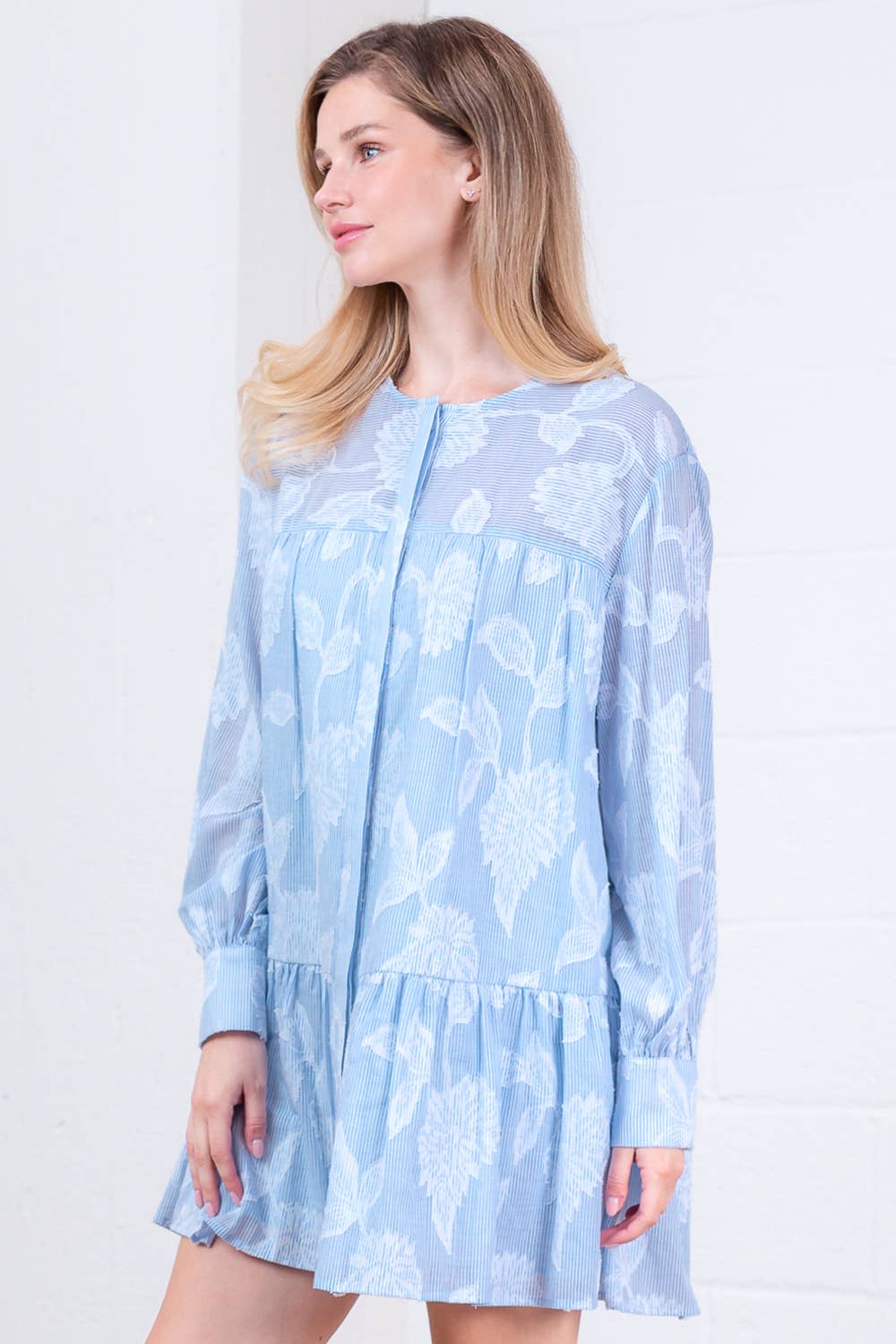 LONG SLV BUTTON DOWN RUFFLE HEM STRIPE MINI DRESS