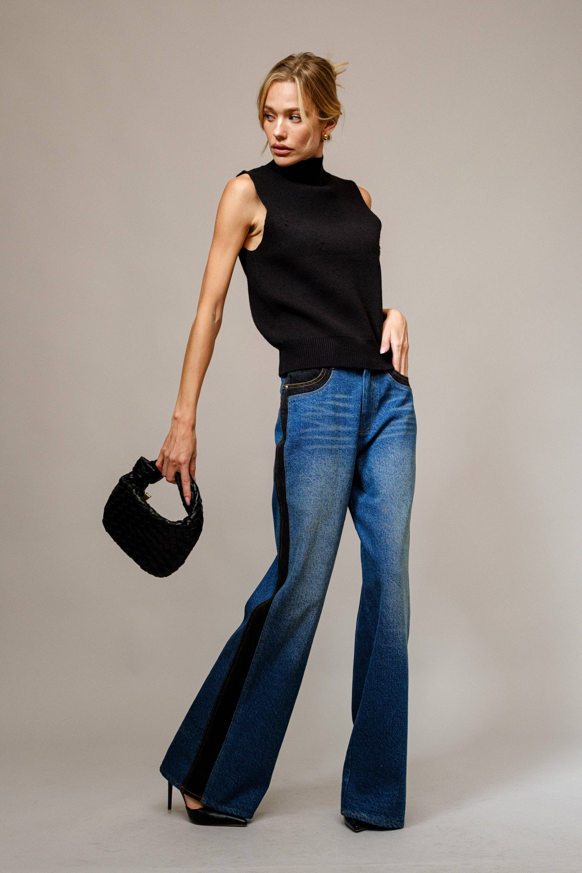 Casey Western Two Tone Panel Wide Denim Jeans
