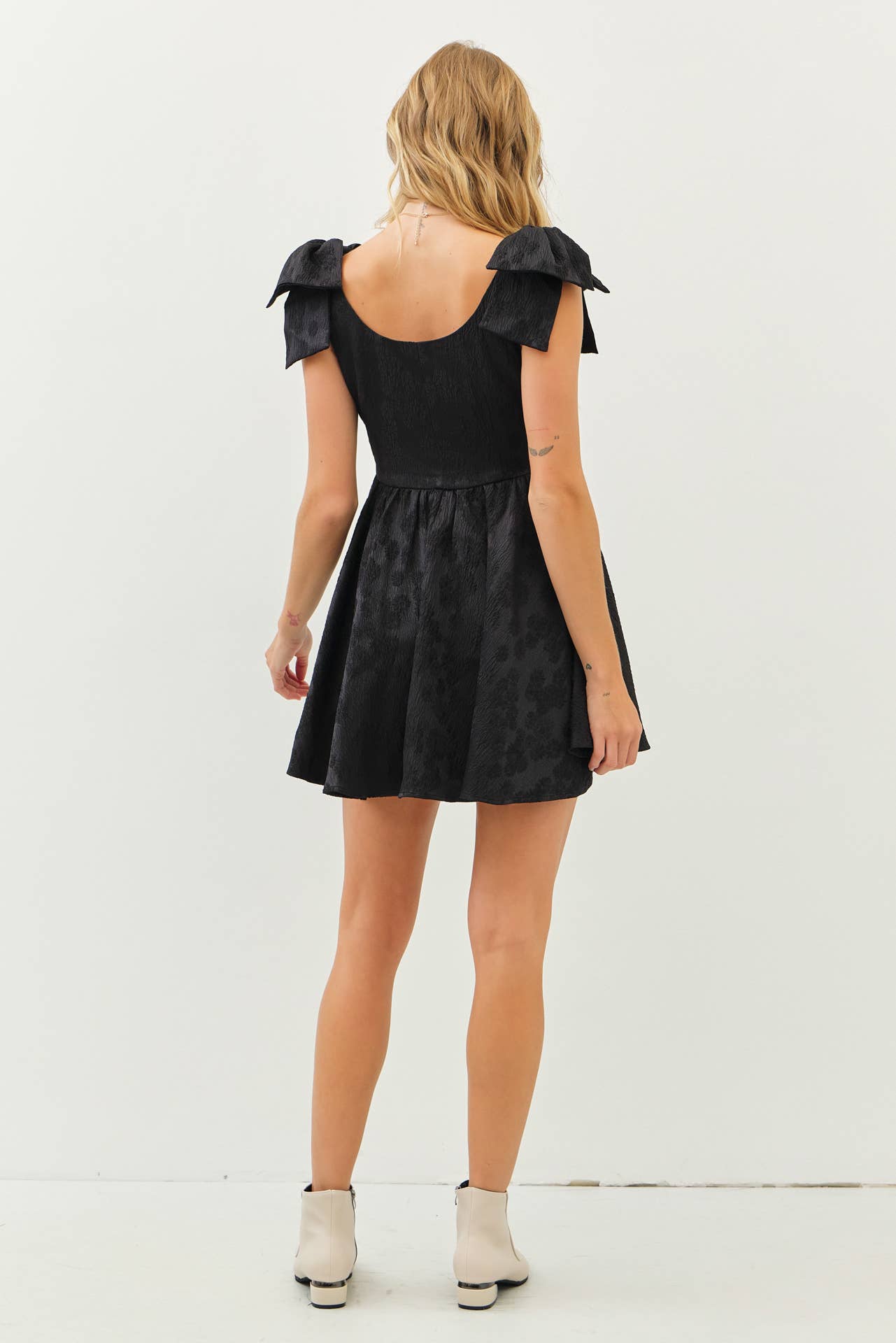 LOVELY TEXTURED FLARE MINI DRESS WITH BOW STRAPS - FINAL SALE