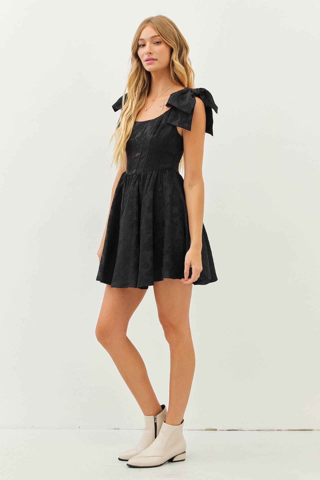 LOVELY TEXTURED FLARE MINI DRESS WITH BOW STRAPS - FINAL SALE