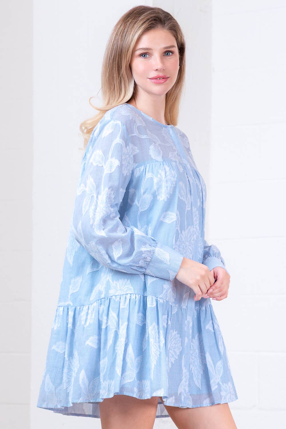 LONG SLV BUTTON DOWN RUFFLE HEM STRIPE MINI DRESS