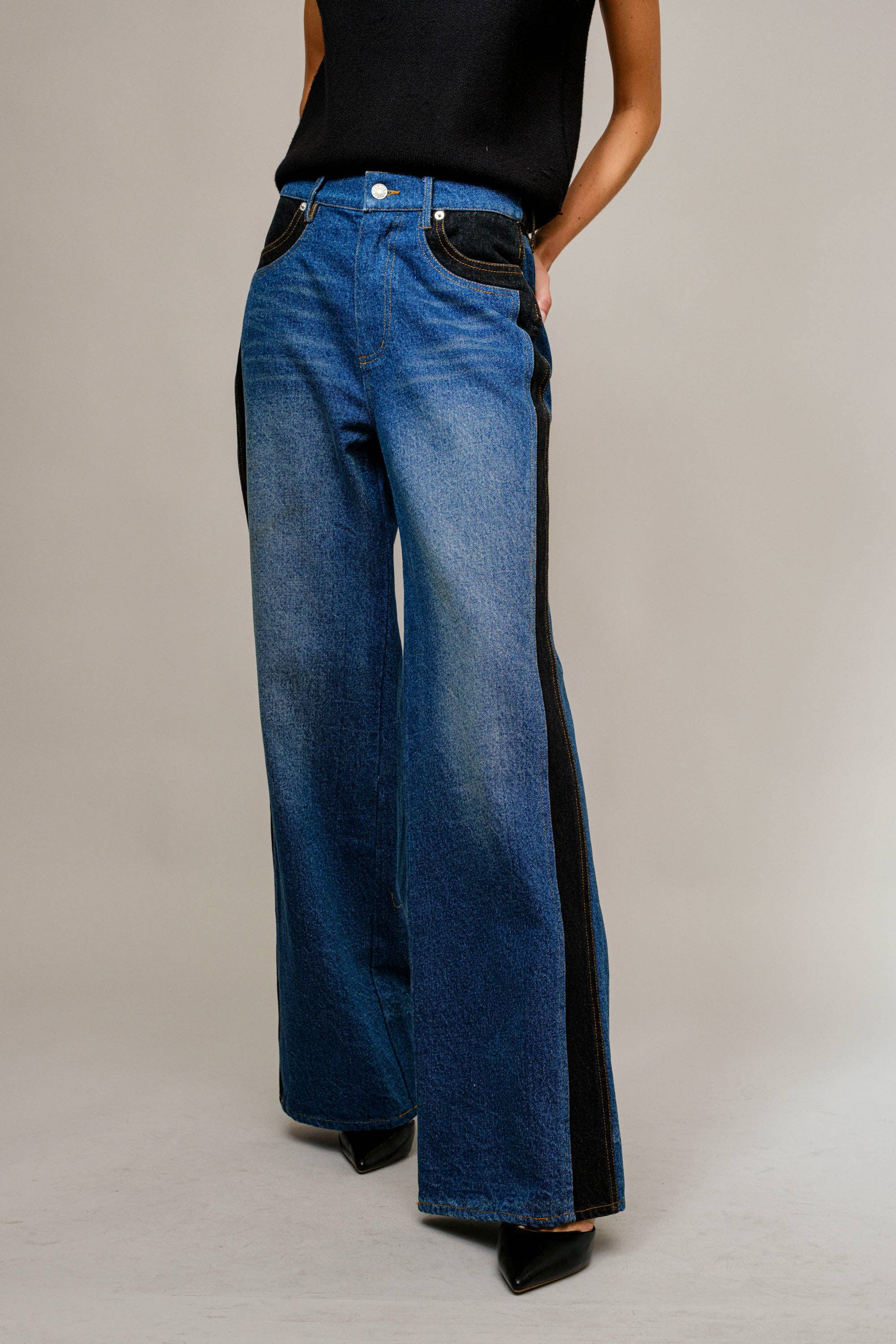 Casey Western Two Tone Panel Wide Denim Jeans