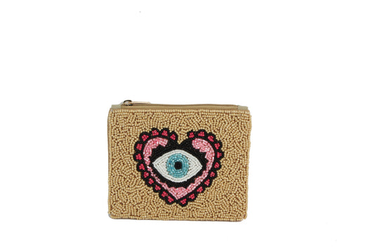 Ladies White Fully Beaded HEART EYE Coin Purse