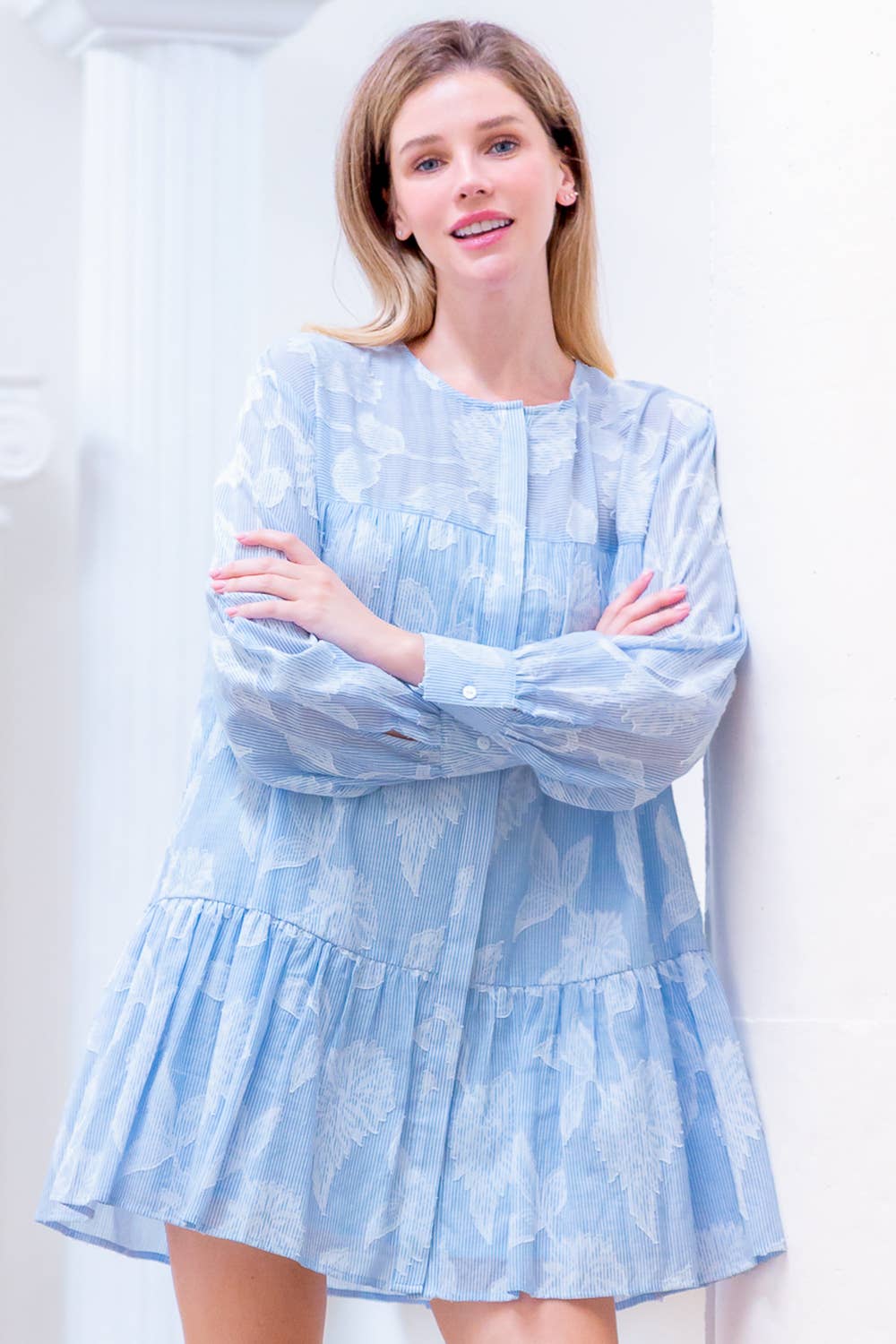 LONG SLV BUTTON DOWN RUFFLE HEM STRIPE MINI DRESS