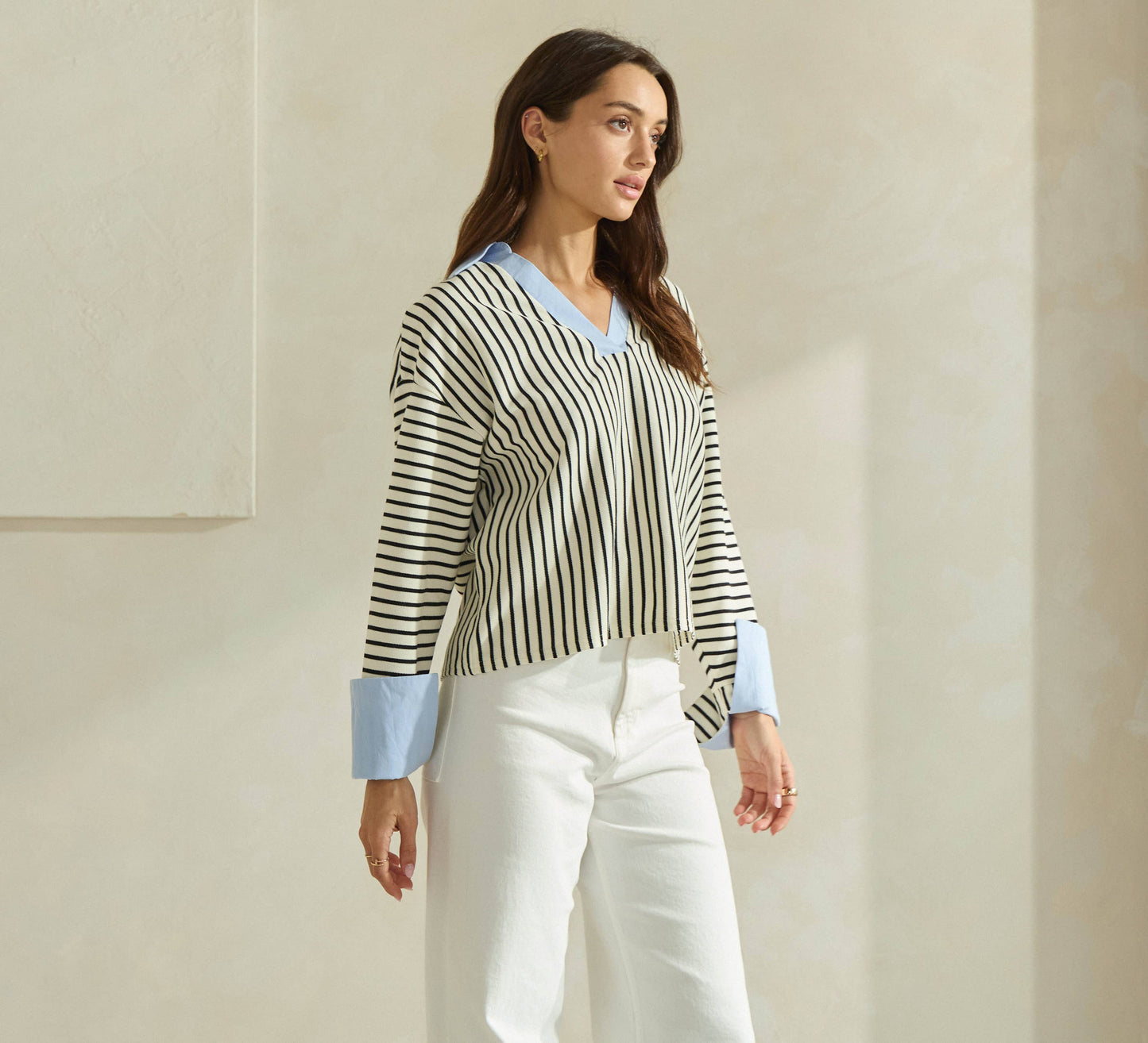 Striped Top with Contrast Neck & Cuffs