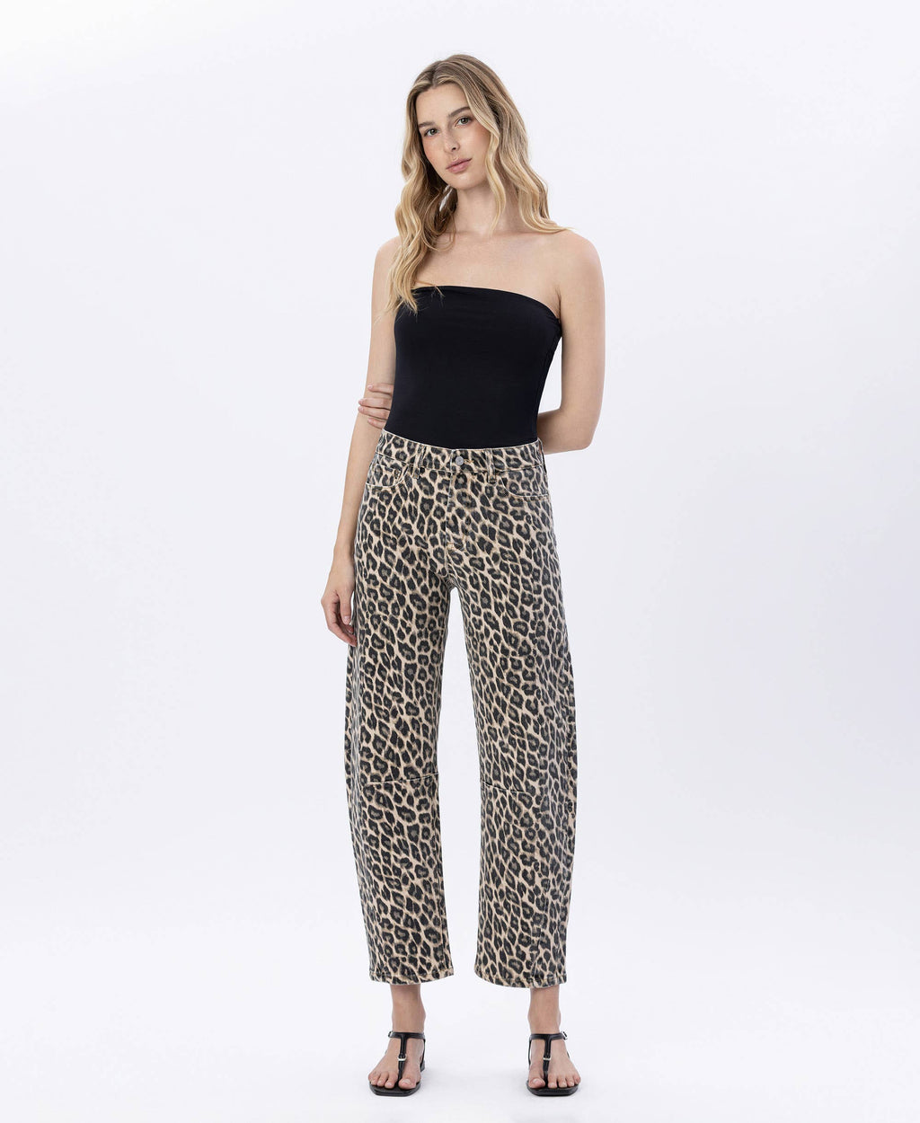 ANTONELLA HIGH RISE LEOPARD PRINT BARREL JEANS