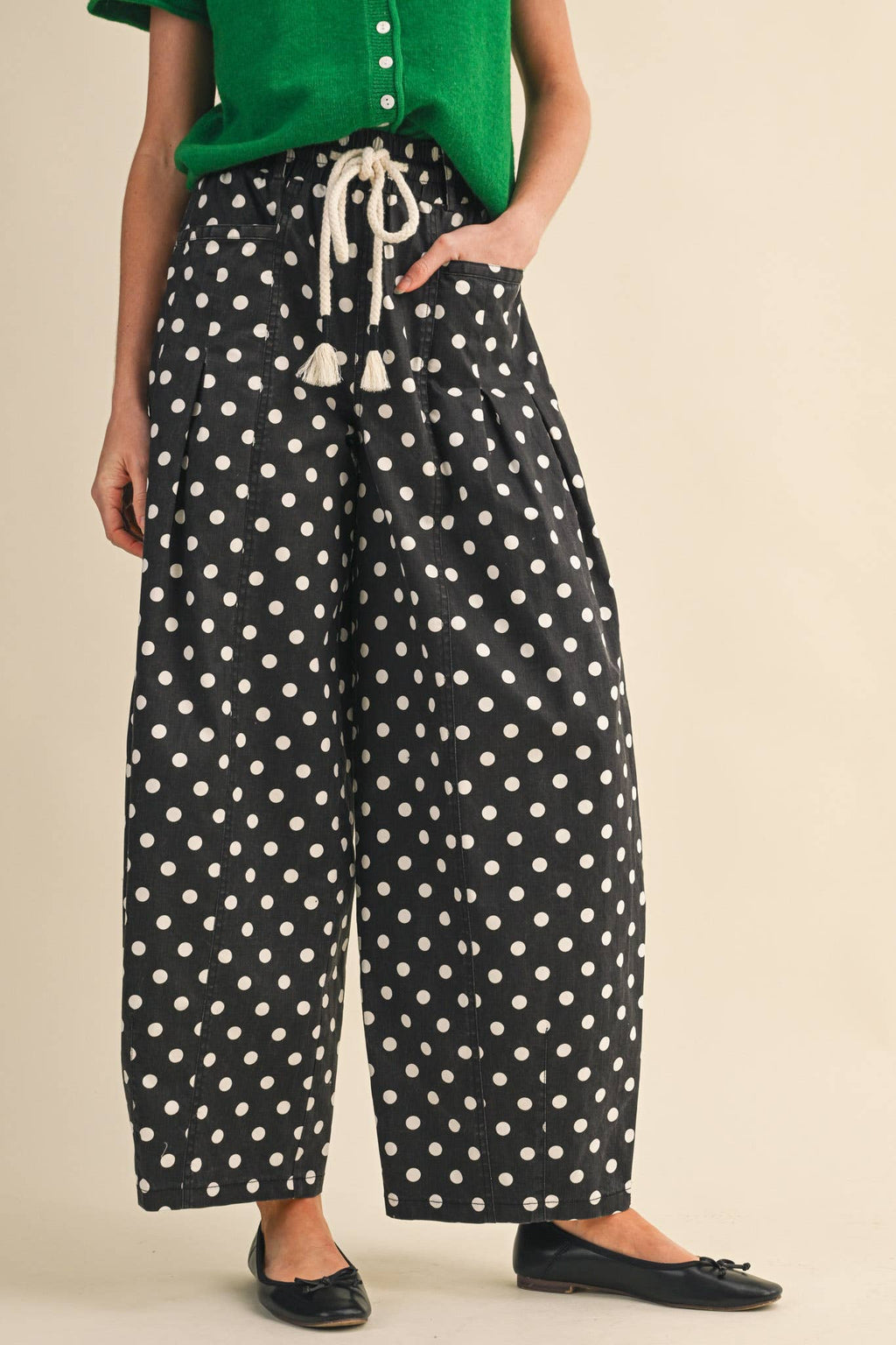 ALLEGRA POLKA DOT PLEATED BARREL PANTS