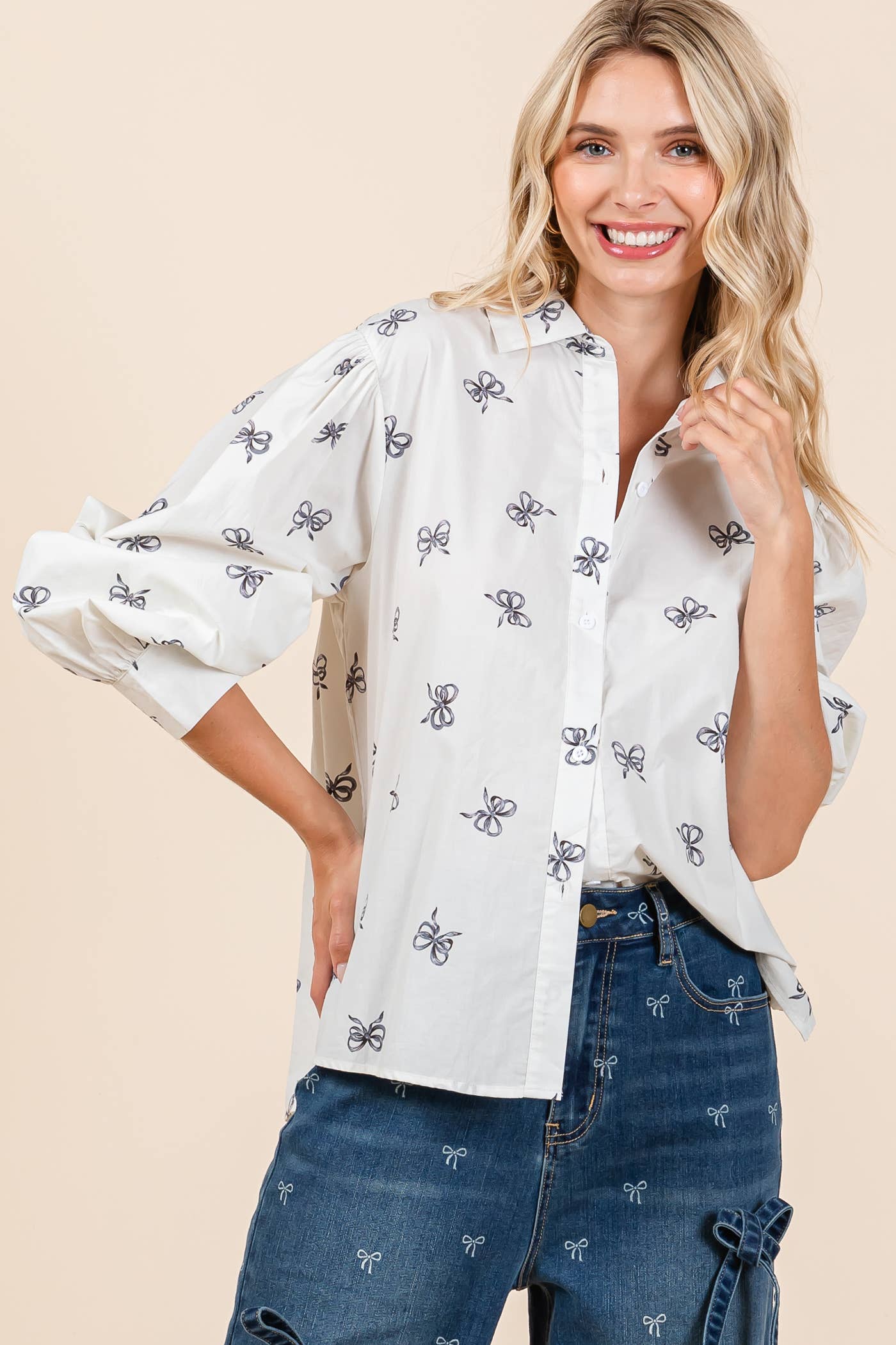 Ribbon Bow Print Blouse