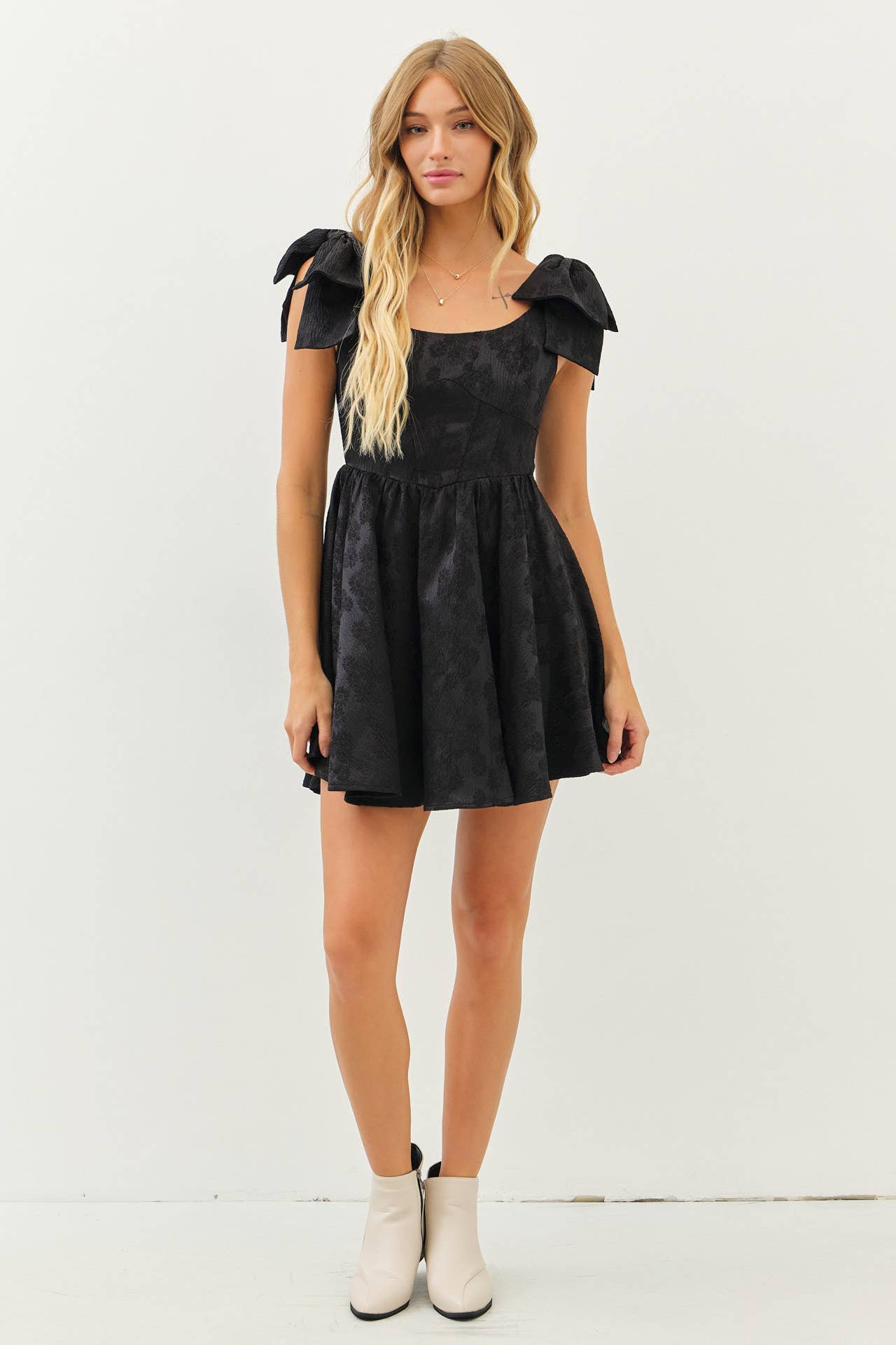 LOVELY TEXTURED FLARE MINI DRESS WITH BOW STRAPS - FINAL SALE