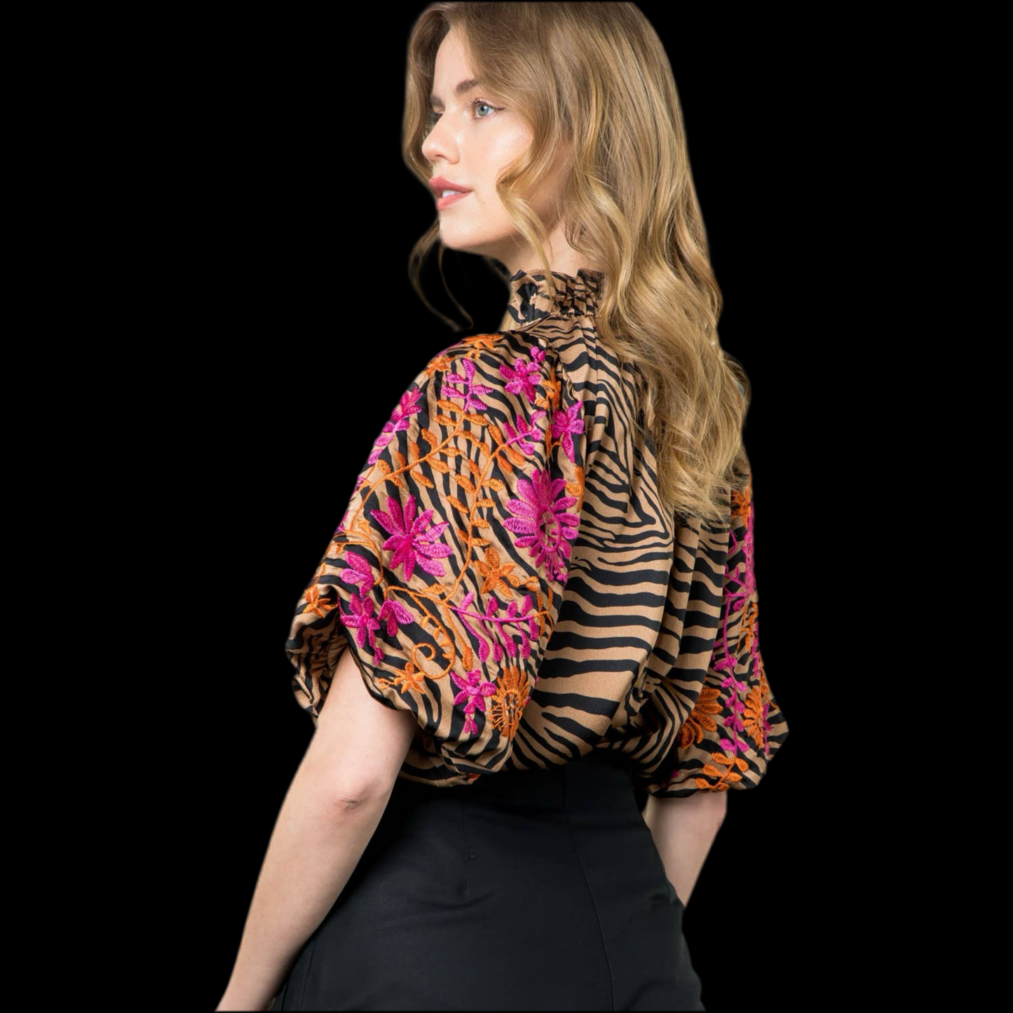 Embroidered Puff Sleeve Print Top FINAL SALE