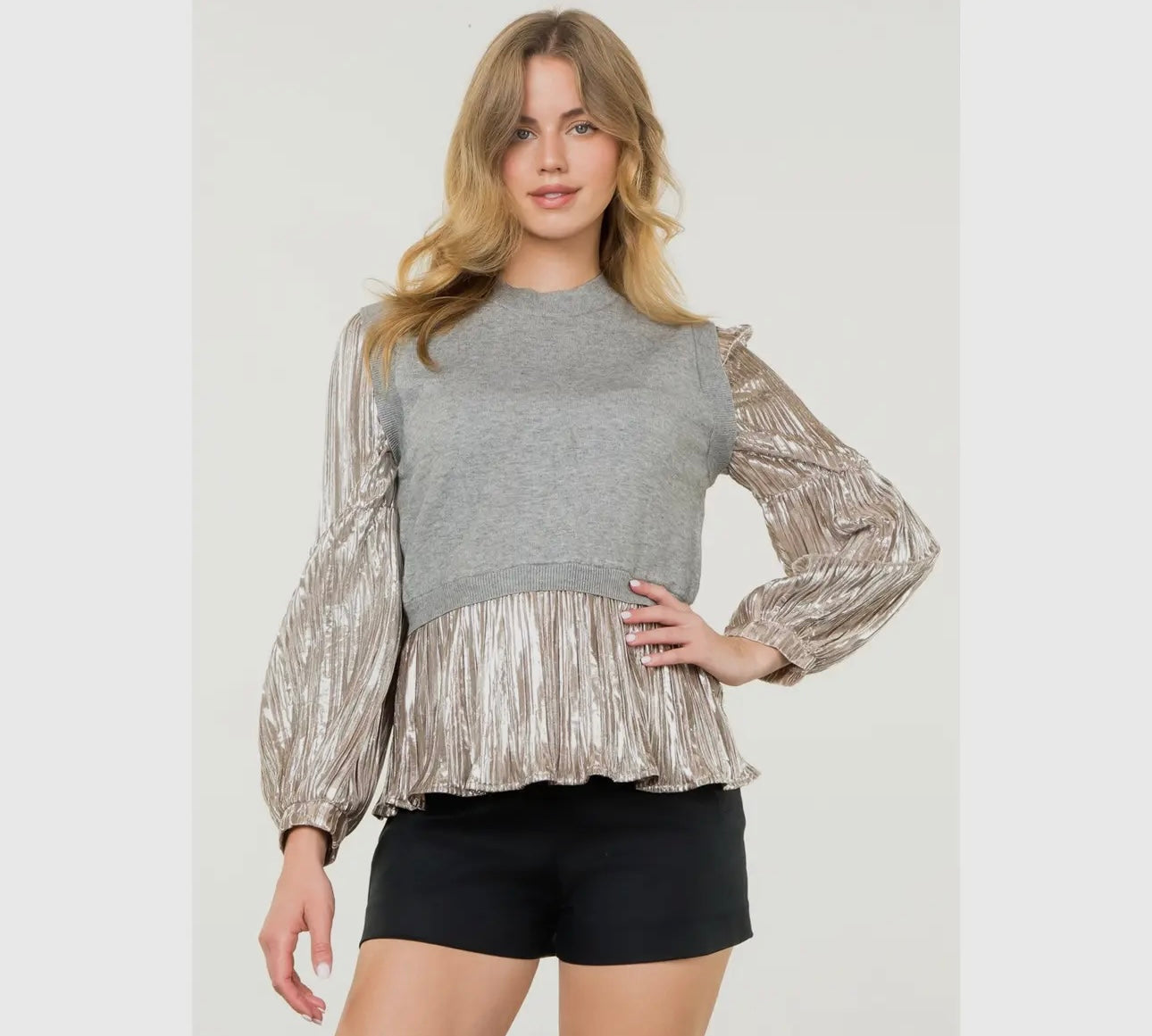 Metallic sleeve knit top