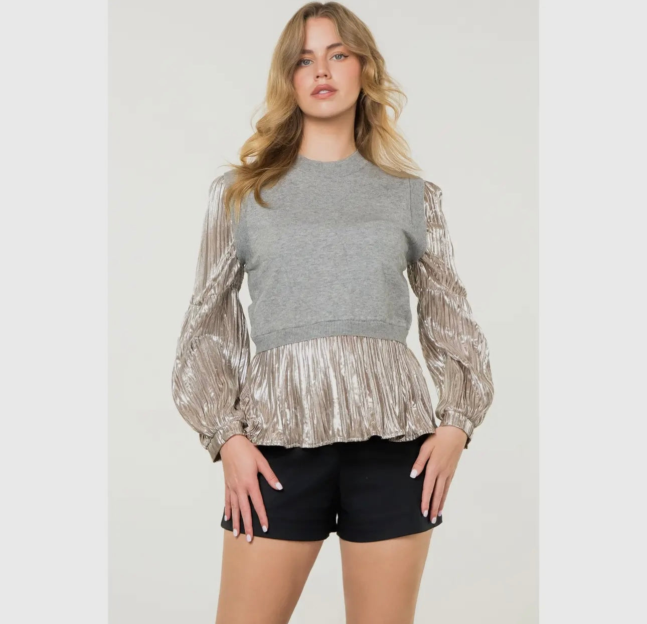 Metallic sleeve knit top