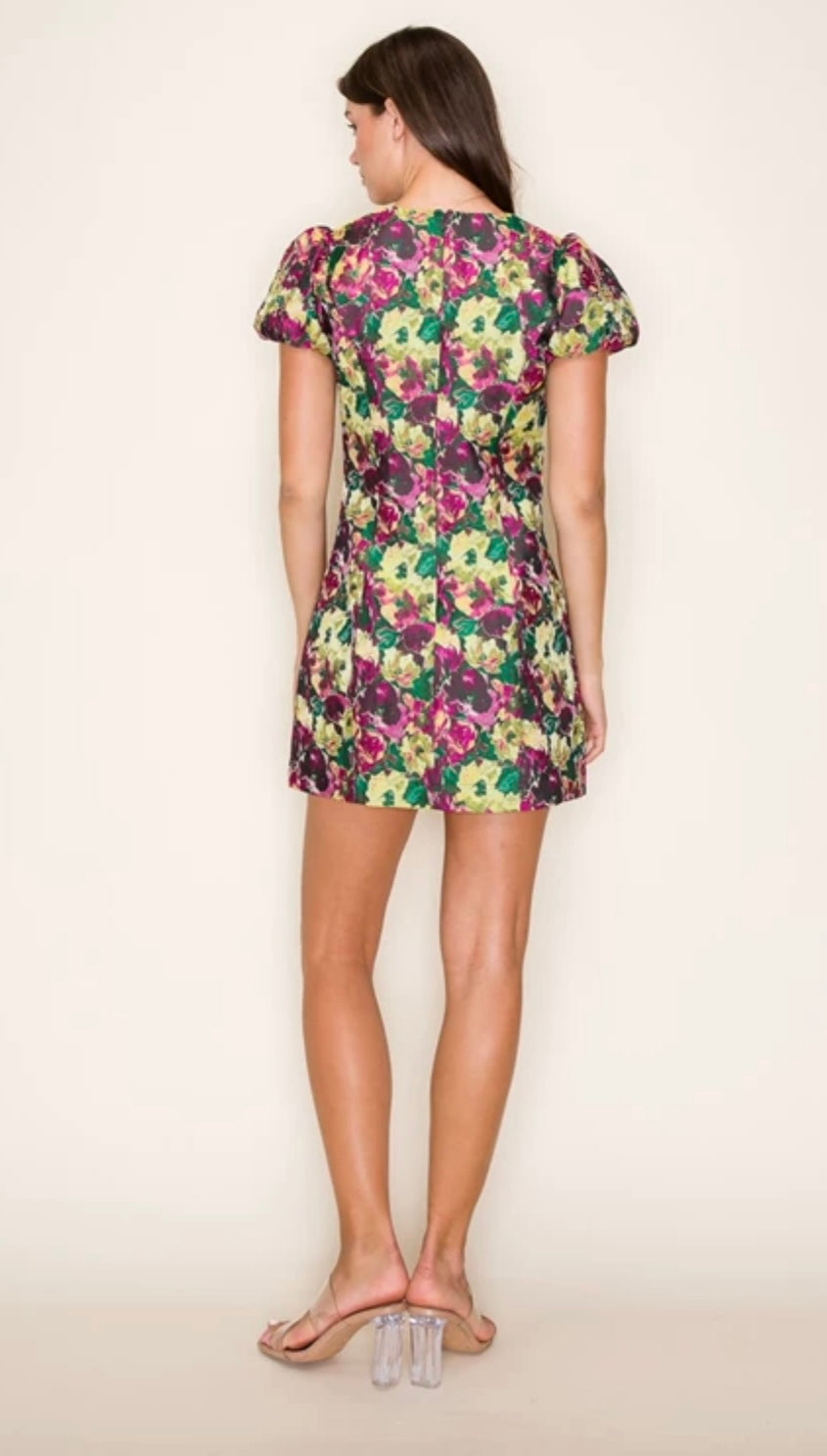 Puff sleeve floral jacquard mini dress