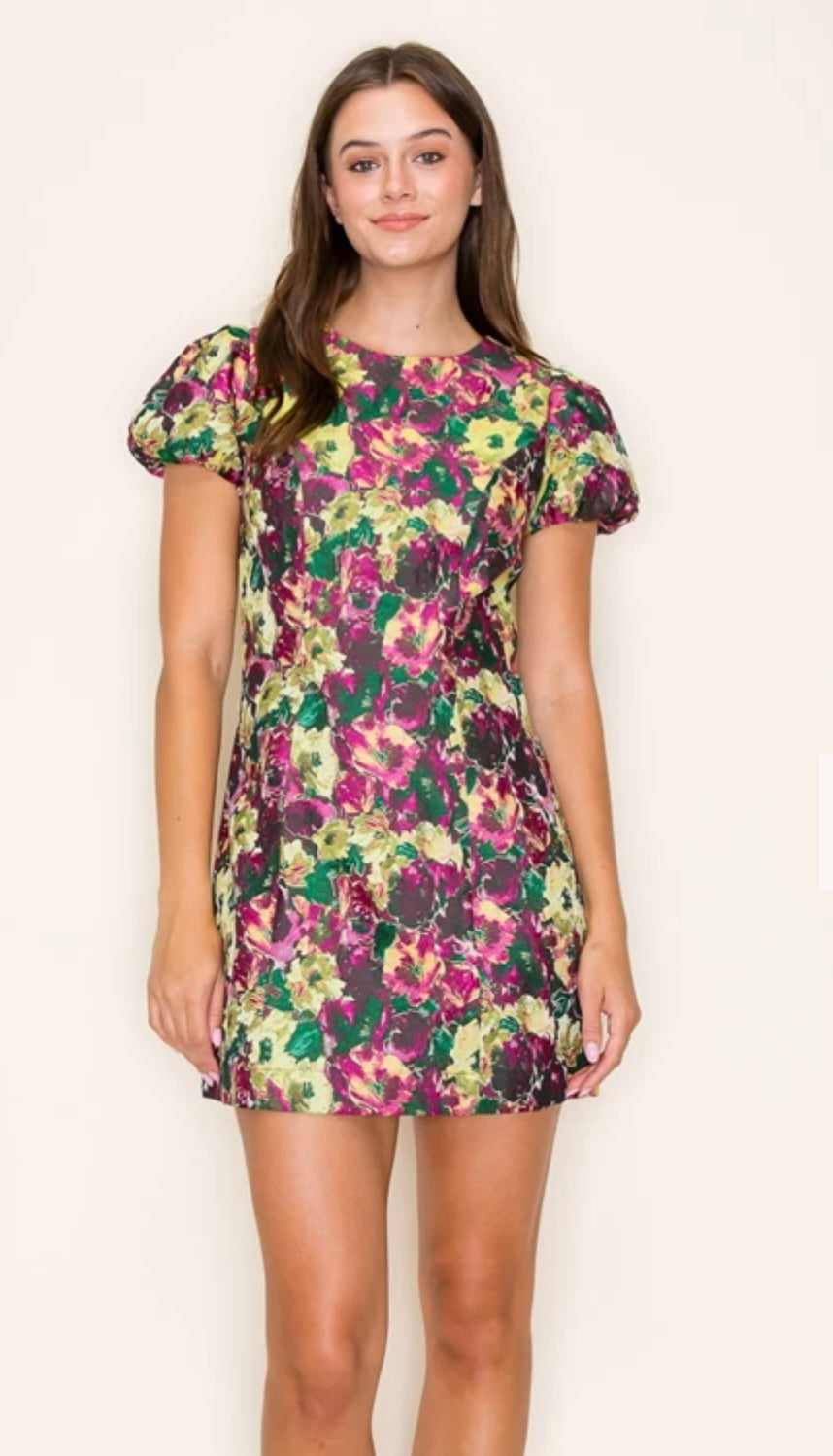 Puff sleeve floral jacquard mini dress