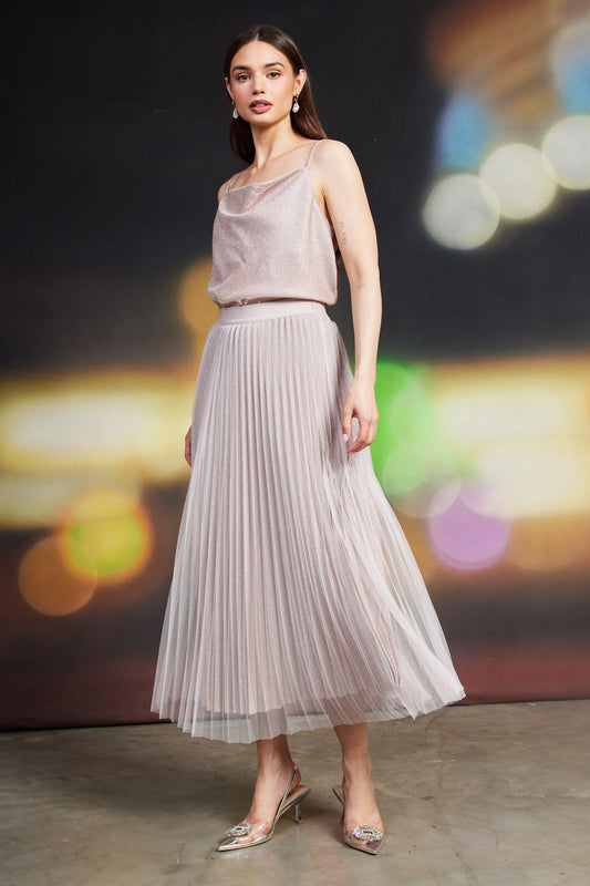 Blush Lurex pleated maxi skirt