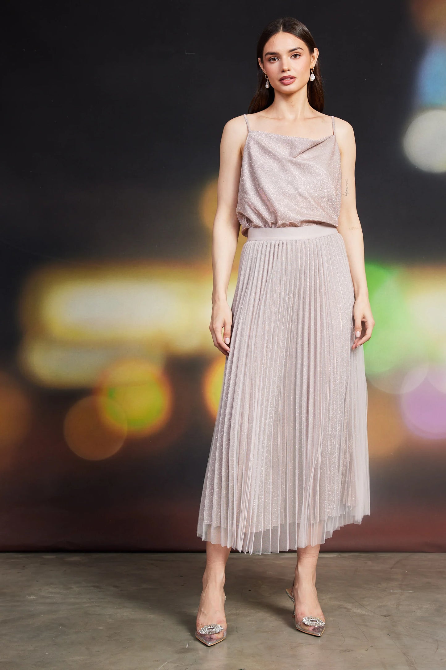 Blush Lurex pleated maxi skirt