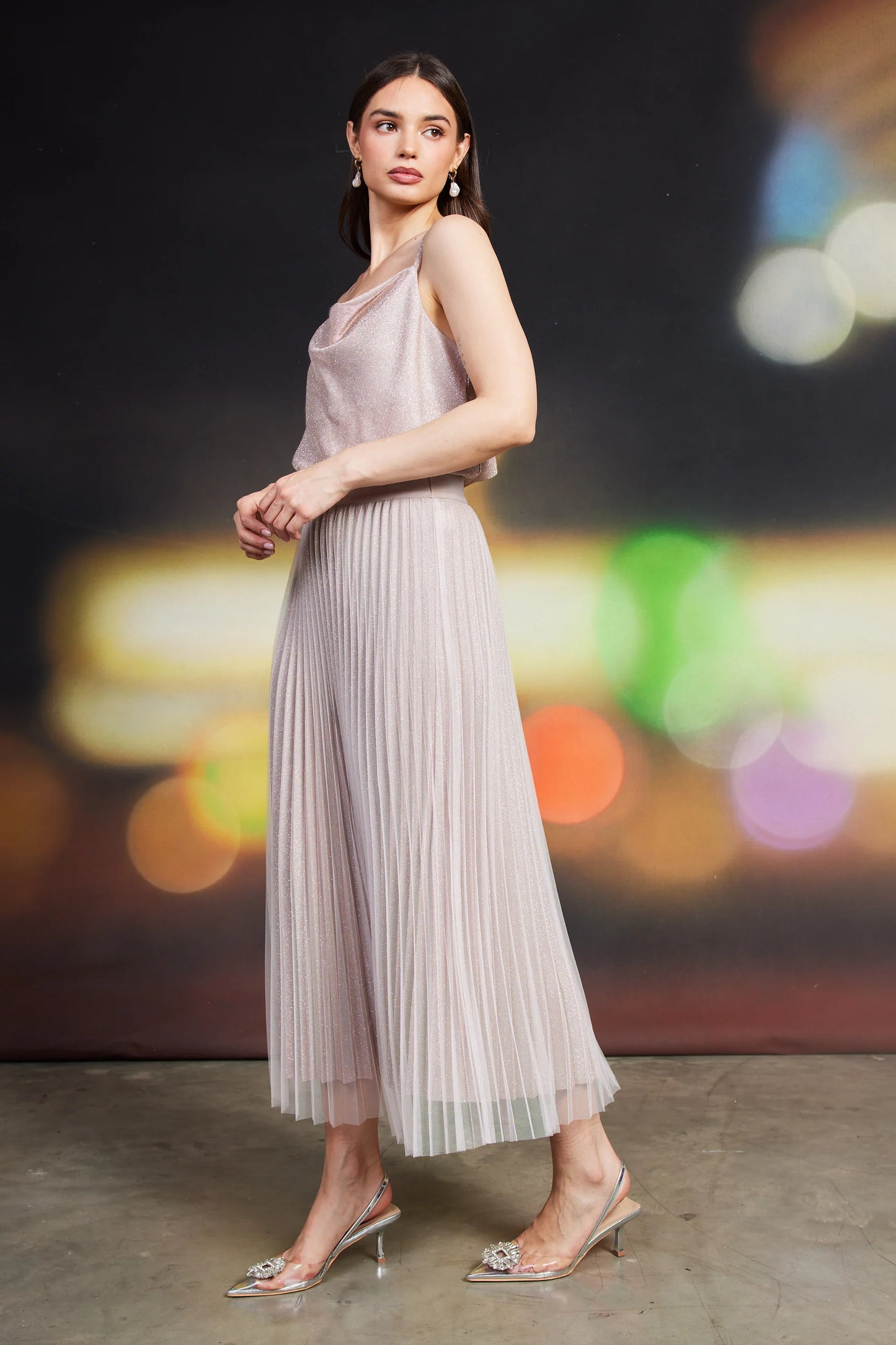 Blush Lurex pleated maxi skirt