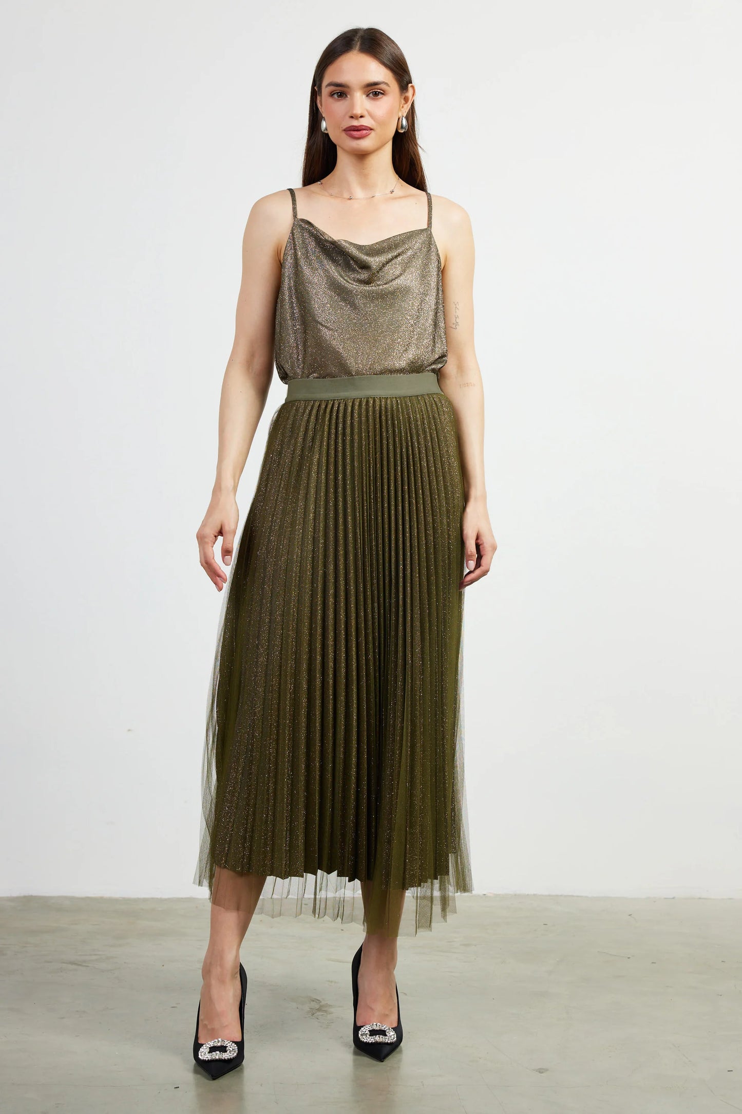 Olive lurex pleaded maxi